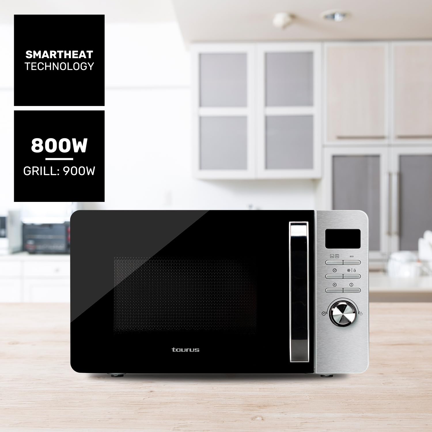 Taurus Fastwave 23 Digital - Micro-ondes 800W, 23L, Fonction grill 900W, Mode ECO, Décongélation, Multicook, QuickStart, Programmable, Auto-clean, Revêtement Shiny&Clean, 99min, Inox
