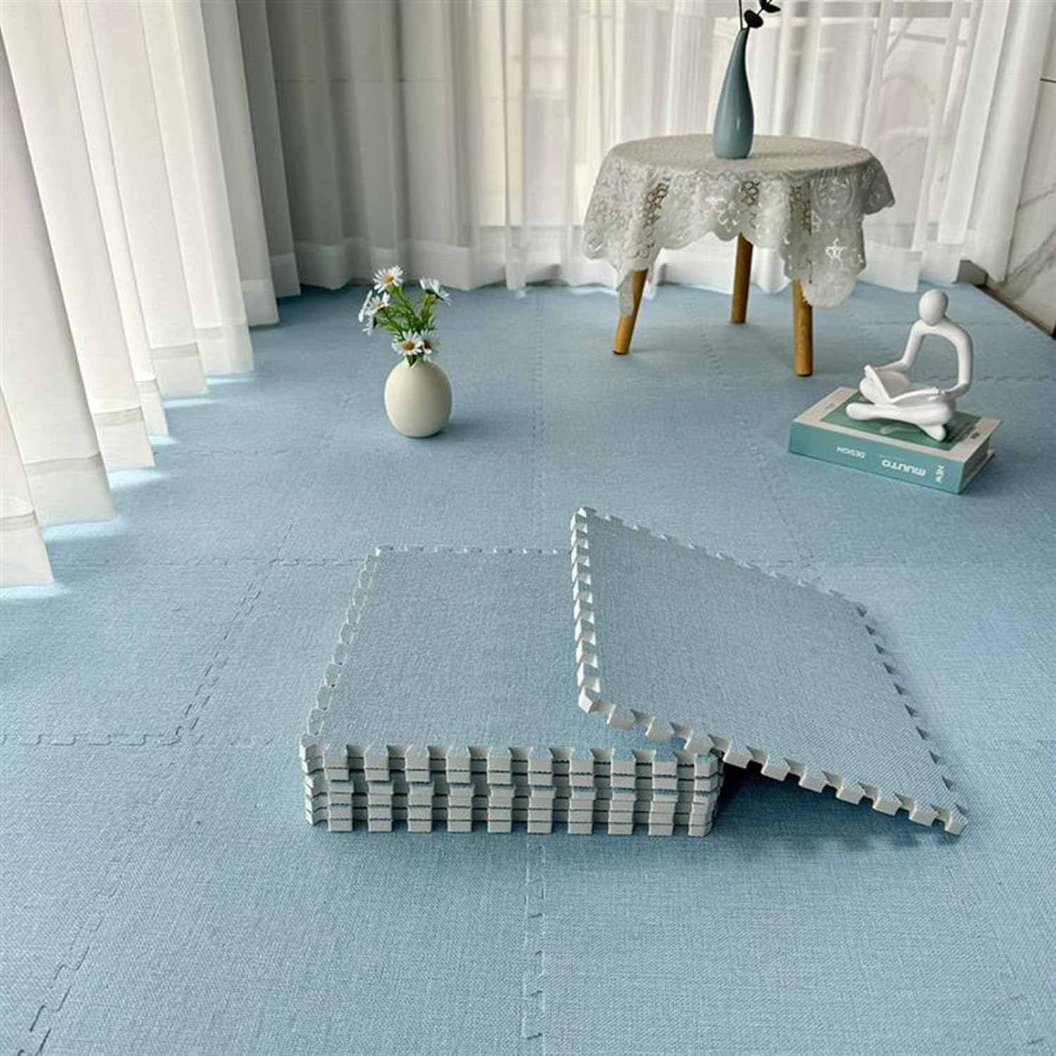 12pcs Interlocking Foam Mats, 30x30x1cm Thick EVA Carpet Tiles with Linen Fabric, Soft Floor Mat for Exercise & Yoga – Light Blue Square Rugs