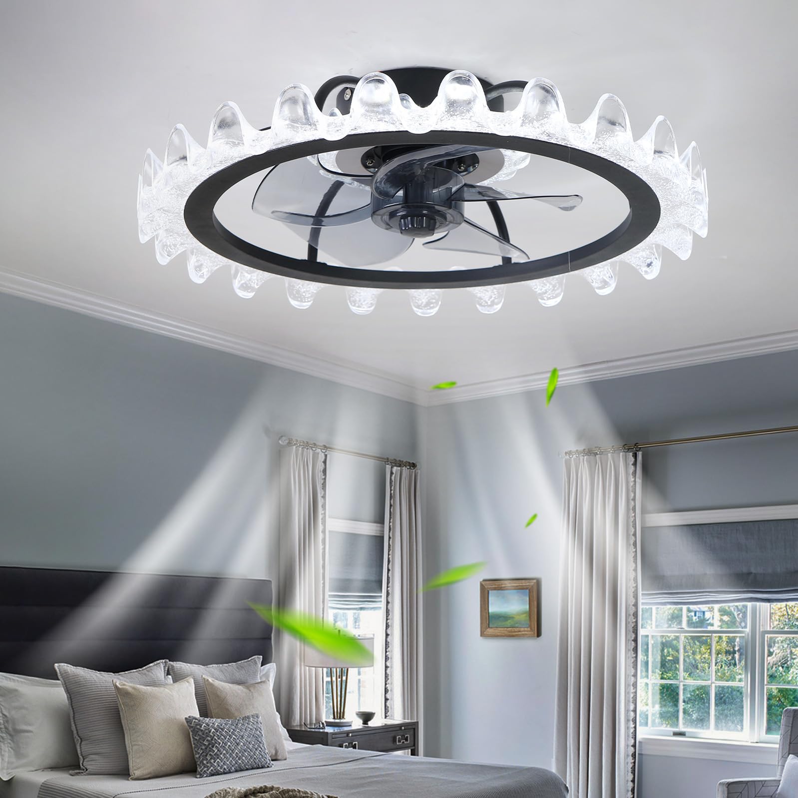 19.7" Fan Light and Remote App Silent LED Ceiling Light Fan Dimmable Reversible Modern Ceiling Fans with Lights Bedroom Smart 6 Speed Indoor Flush Mount for Living Room, Kitchen, Black