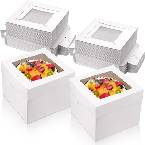 SATINIOR 38 cajas de pastel de 10 x 10 x 8 pulgadas de alto para tartas de nivel, cajas blancas para hornear con tapa transparente para ventana,