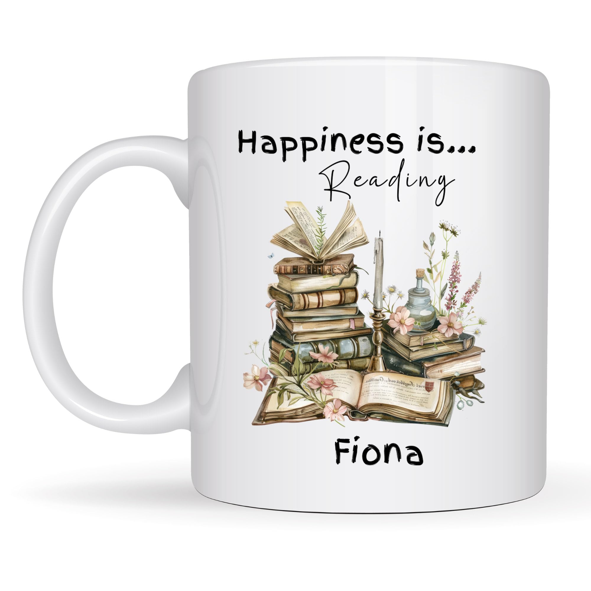 Happiness is Reading Personalised Mug โ Custom Name Gift for Book Lovers, Readers, and Teachers โ Watercolour Book & Butterfly Design โ 11oz Ceramic Mug โ Cosy Reading Gift