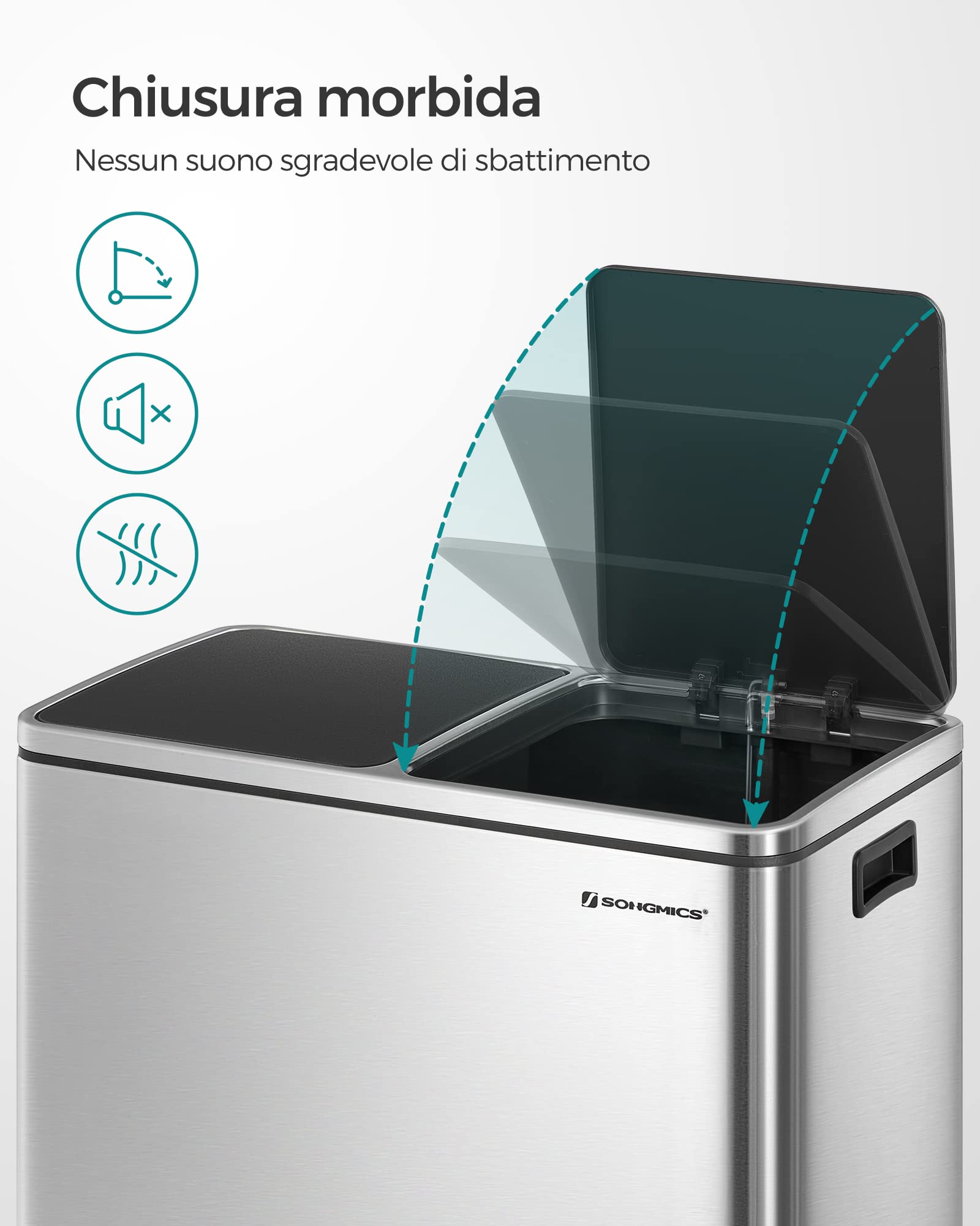 SONGMICS Pattumiera a 2 Scomparti, con 2 x 30L Secchi Interni per Spazzatura Differenziata, 15 Sacchi della Spazzatura, Pedali e Coperchi a Cerniera, Chiusura Morbida, Argento e Nero LTB60NL