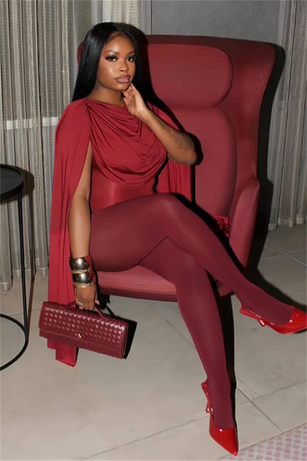 Women's Sexy 2 Piece Outfits Ruched Crowl Neck Cape Sleeve Thong Bodysuit Top Sheer Stockings Club Jumpsuits - Image 8