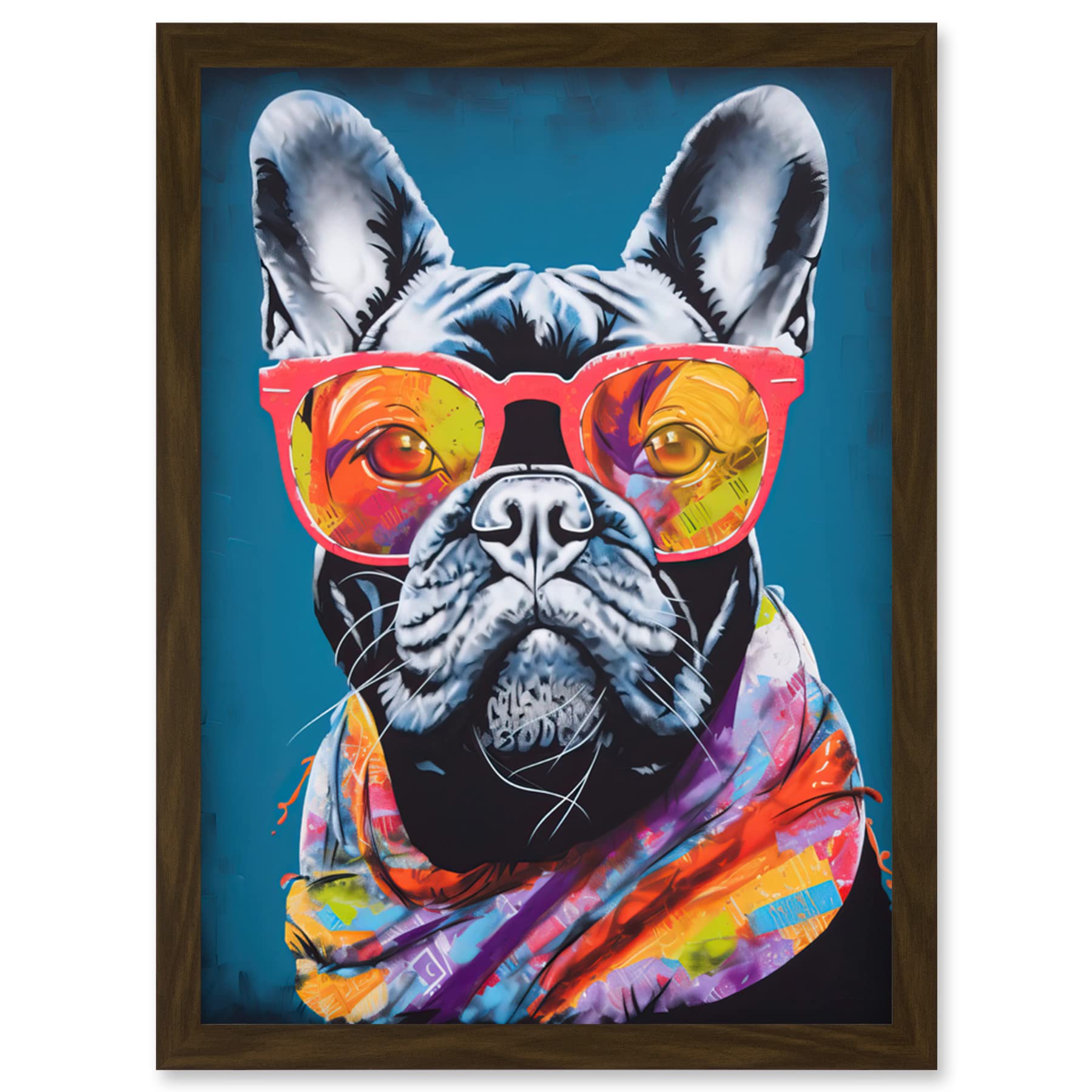 Artery8 English Bulldog with Neon Bandana and Sunglasses Artwork Framed Wall Art Print A4