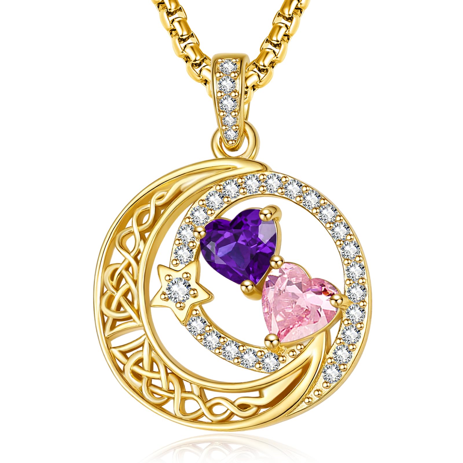 14K Gold Moon and Star Double Birthstone Necklace Gifts for Women