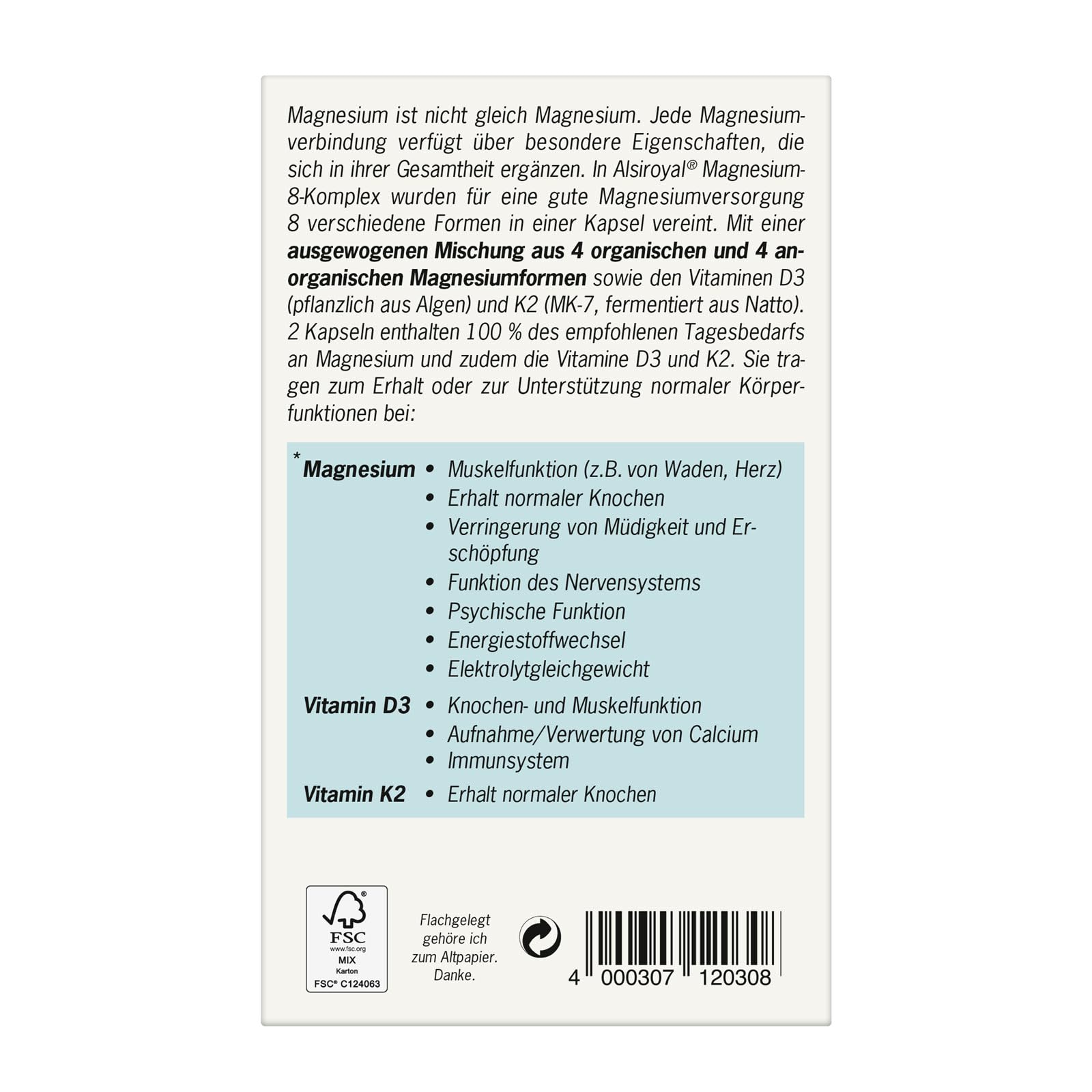 Alsiroyal Magnesium 8 Komplex Kapseln · 375 mg aus 8 Formen · mit D3 + K2