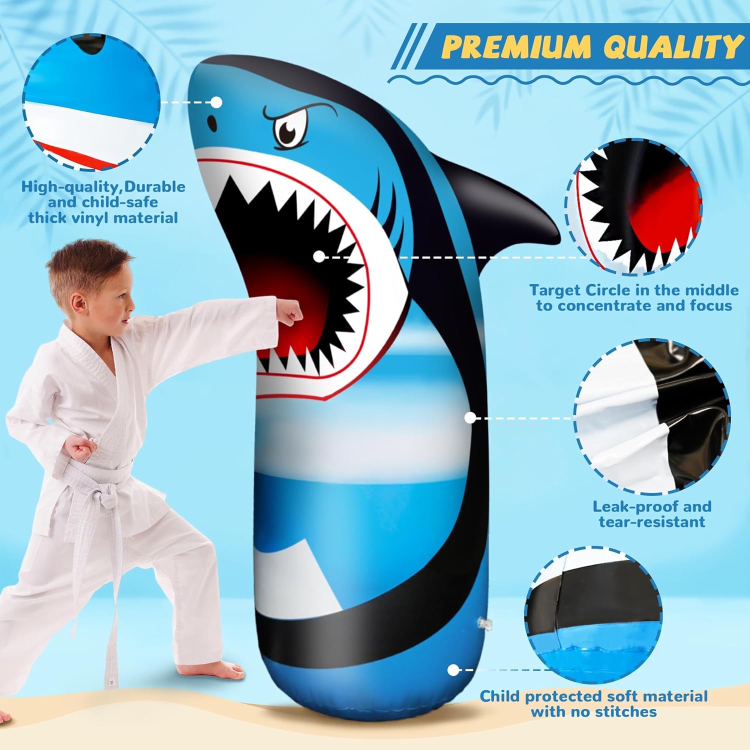 63-Inch Shark Inflatable Punching Bag for Kids, Bop Bag with Bounce-Back Action, Sand/Water-Filled, Boys Girls Inflatable Boxing Toy for Stress Relief, Indoor Outdoor Birthday for Kids