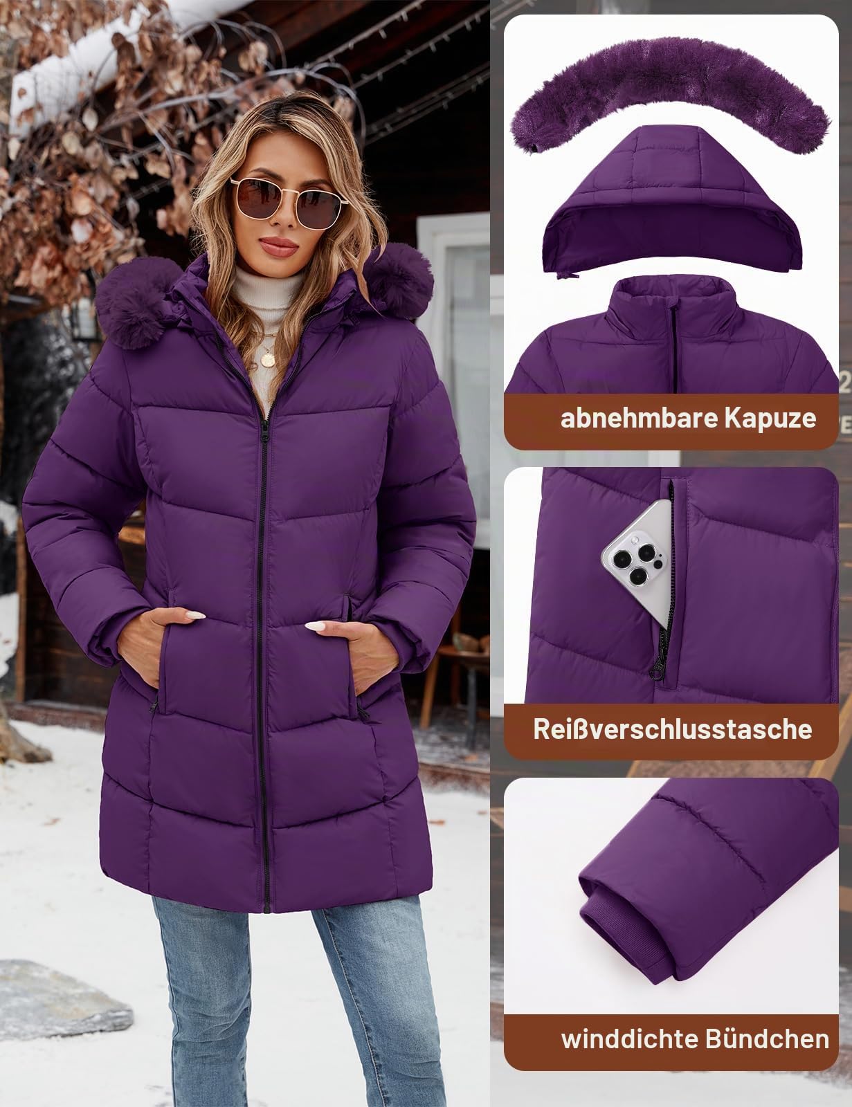 Tuopuda Winterjacke Damen Lang Wintermäntel Damen Warm Winter Slim Fit Jacke Mantel Fleece Gefüttert Daunenmantel Parka Steppmantel Winterparka Outdoorjacke mit Kapuze Übergangsjacke