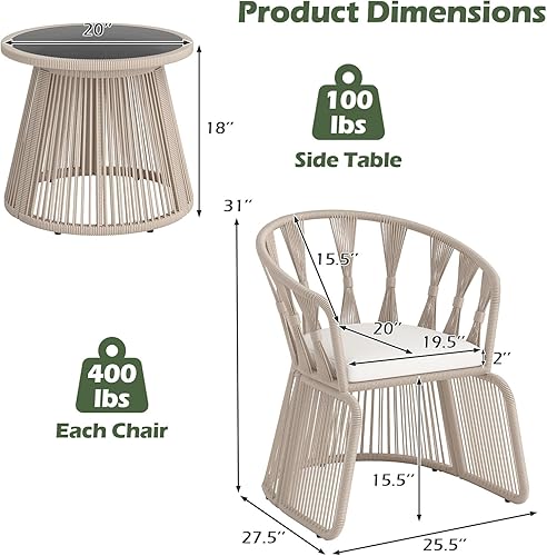 Miniatura 9 de Tangkula Juego de 3 sillas de ocio para patio, sillas acolchadas tejidas con cuerda para exteriores con mesa de vidrio templado, para balcón,