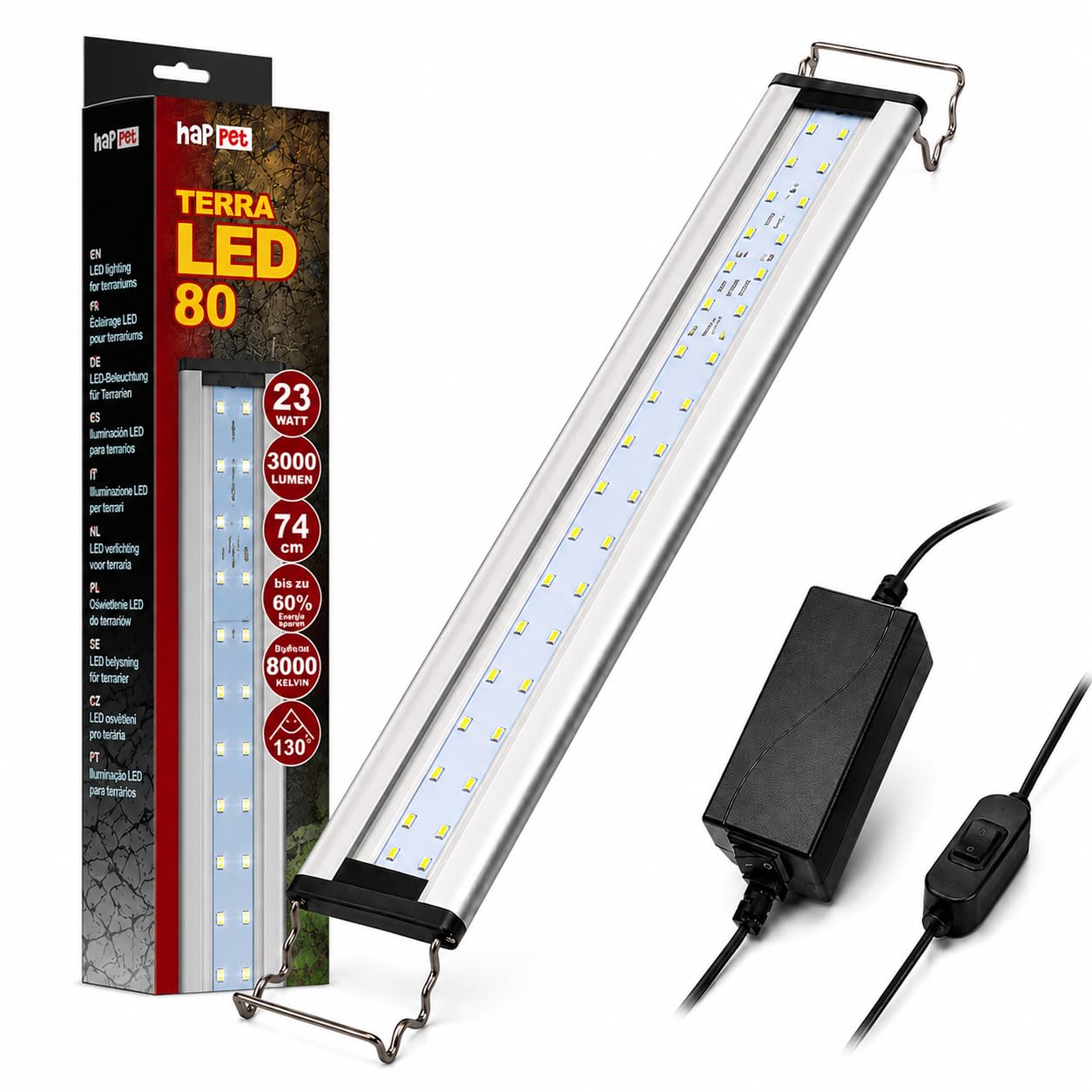 Happet TerraLED Terrarium Beleuchtung 23W 3000 lm 8000K, LED Terrarienlampe für Reptilien & Vivarien, Pflanzenlicht, Aufsatzleuchte, Tageslichtlampe, LED Lichtleiste für 76–99 cm Terrarien