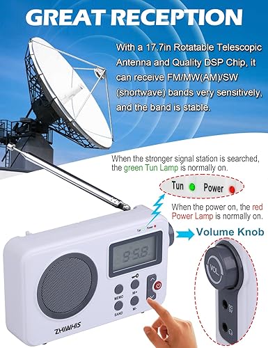 Miniatura 3 de ZHIWHIS Portable Radio, AM FM Shortwave Digital Tuner with Best Reception, Battery Operated Clock Radios with Sleep Timer and Preset Function,