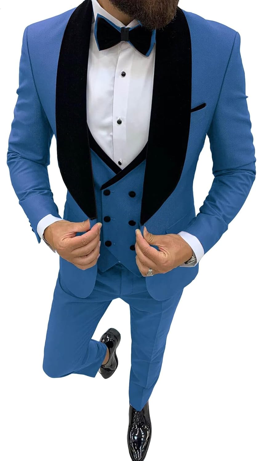 Wangyue Tuxedo for Men Slim Fit 3 Piece Suit Velvet Shawl Lapel Double Breasted Vest Wedding Prom Suits with Bow Tie