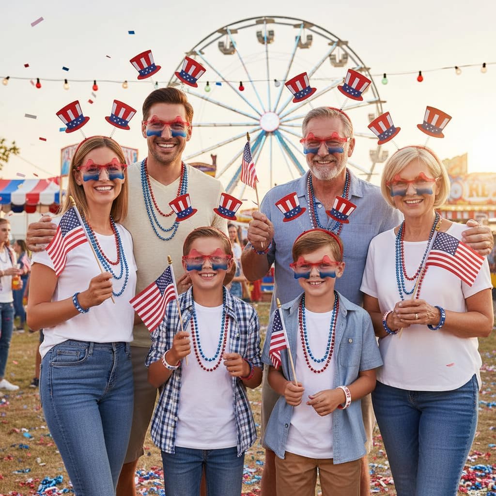 4th of July Party Favor Set for Adults & Teens, Patriotic Accessories Kit with Headband, Star Glasses, Bead Necklaces, Bracelets & USA Flags, Independence Day Party Supplies image 4