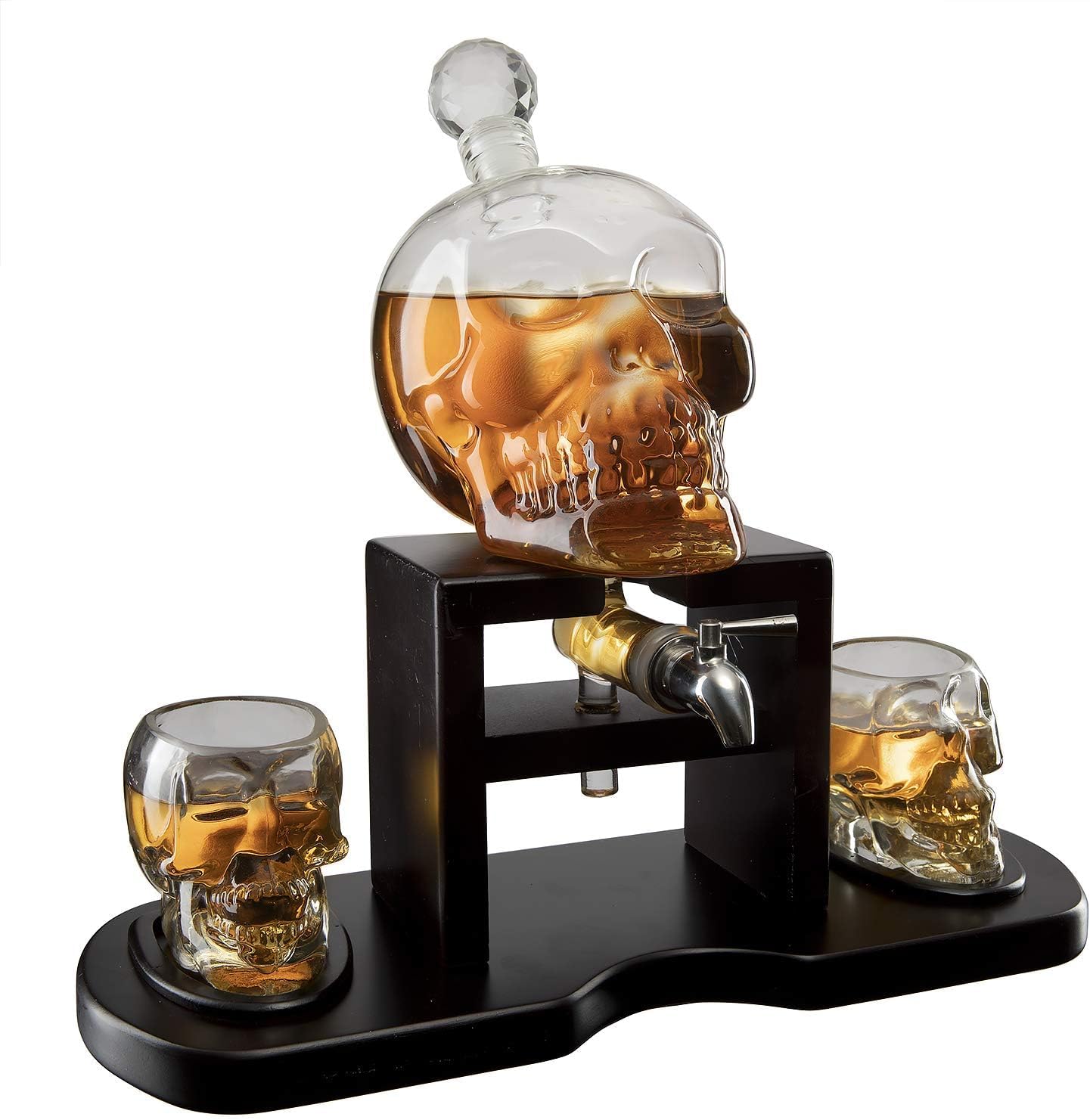 Skull Skeleton Wine & Whiskey Decanter Set 750mL with 2 Skull Shot Glasses 3oz | Gothic Skeleton Barware on Mahogany Wooden Base with Spigot | Spooky Decor Drinkware & Unique Goth Gift Idea