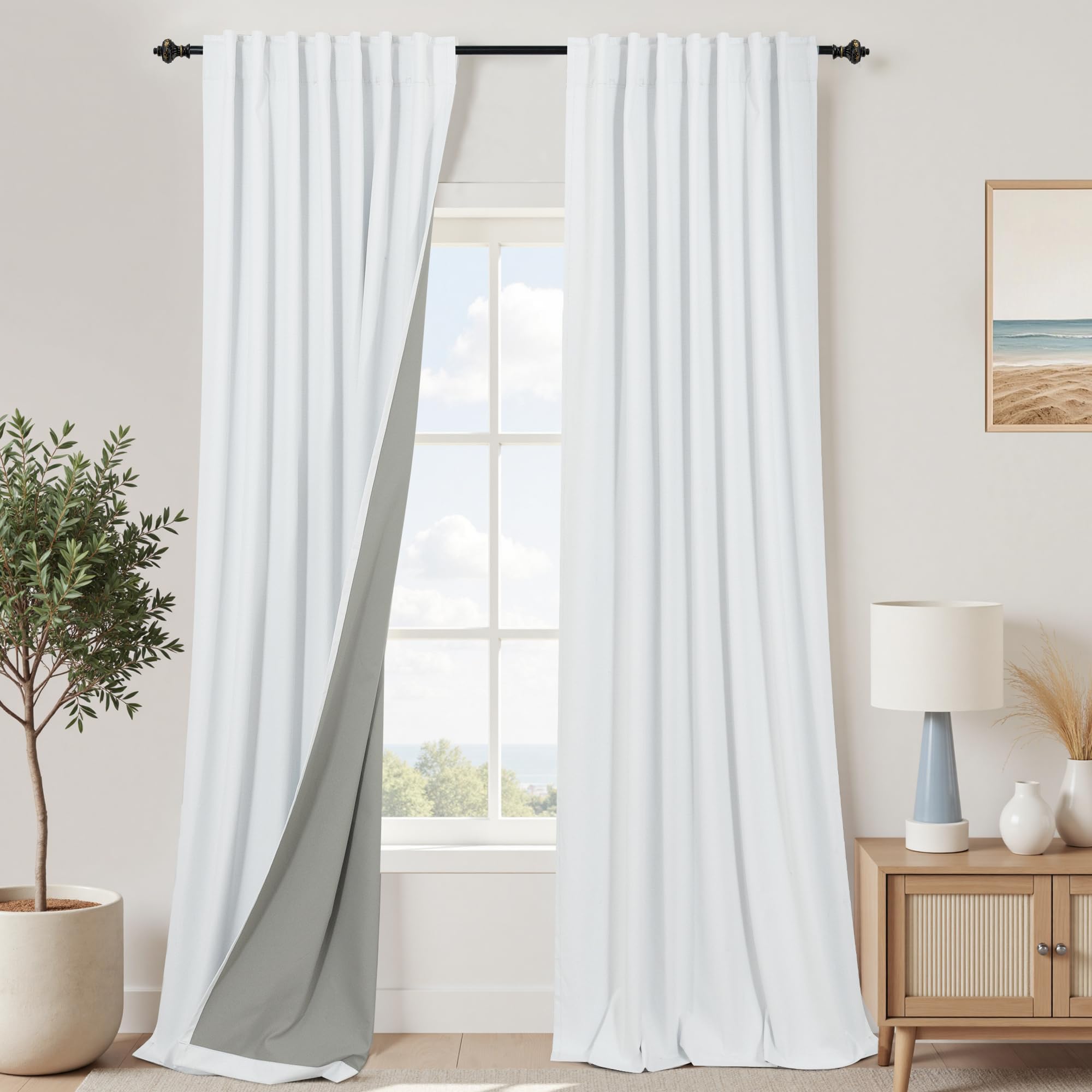 KOUFALL 102 Inches Long Curtains,Linen Blackout White Back Tab Pleated Curtains for Living Room 2 Panels Set