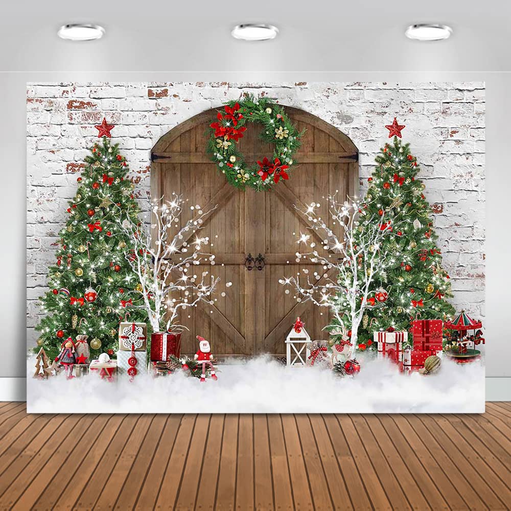 Mocsicka Christmas Barn Door Photography Backdrop Xmas Tree Snow Gifts Decor Photo Background Rustic Wood House Family Kids Holiday Portrait Photo