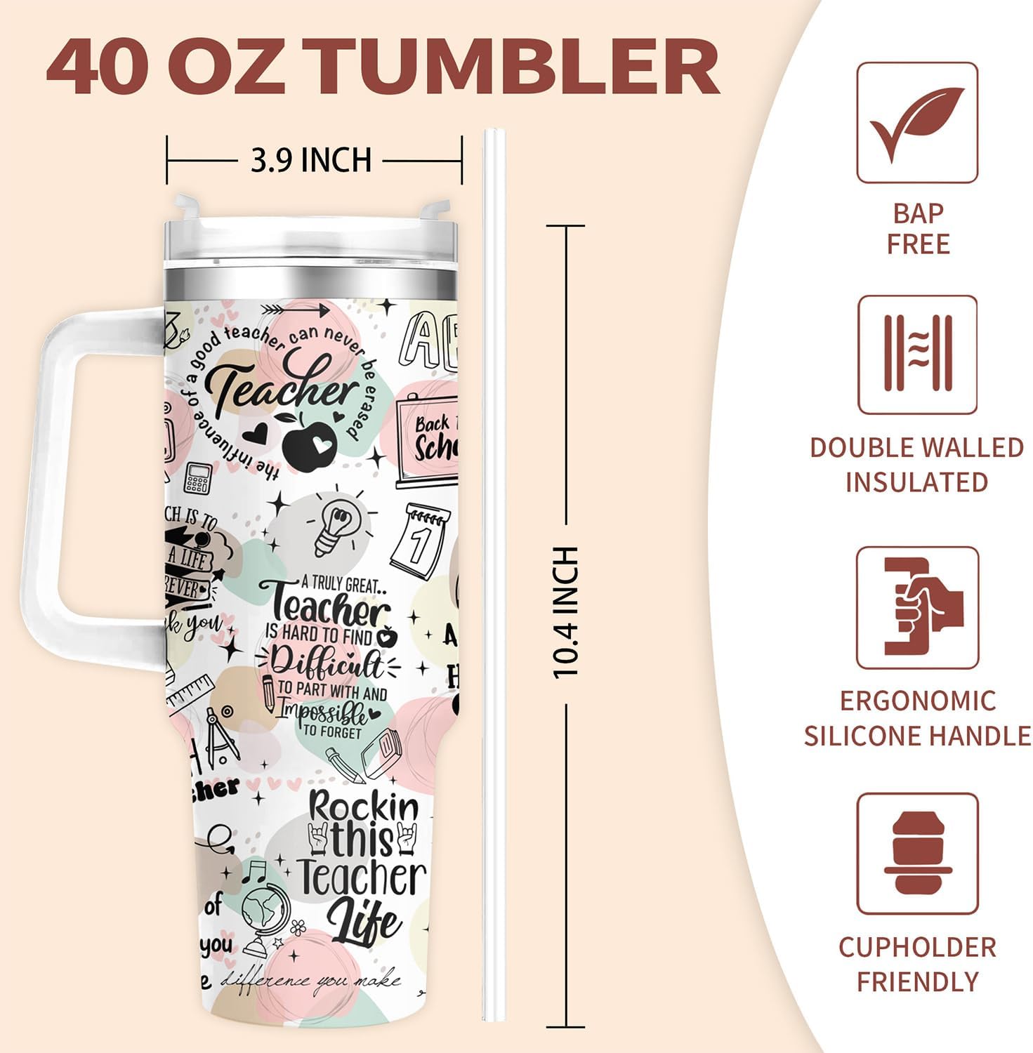 Teacher Gifts for Women,40oz Teacher Cup Tumbler with Handle Teachers Appreciation Gifts Ideas,Back to School Gift for Teachers Birthday Retirement Thank You Gift - Image 7