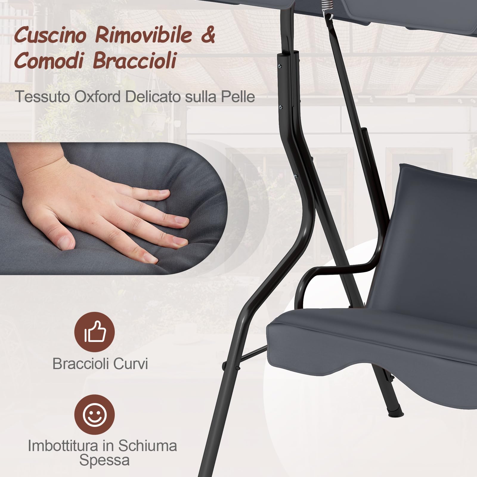 RELAX4LIFE Dondolo da Giardino a 3 Posti, con Tettuccio Parasole Regolabile, Cuscini Imbottiti, Braccioli, Telaio in Acciaio, per Balcone, Terrazzo, Patio, Veranda (GRIGIO, 3 POSTI- 2026)