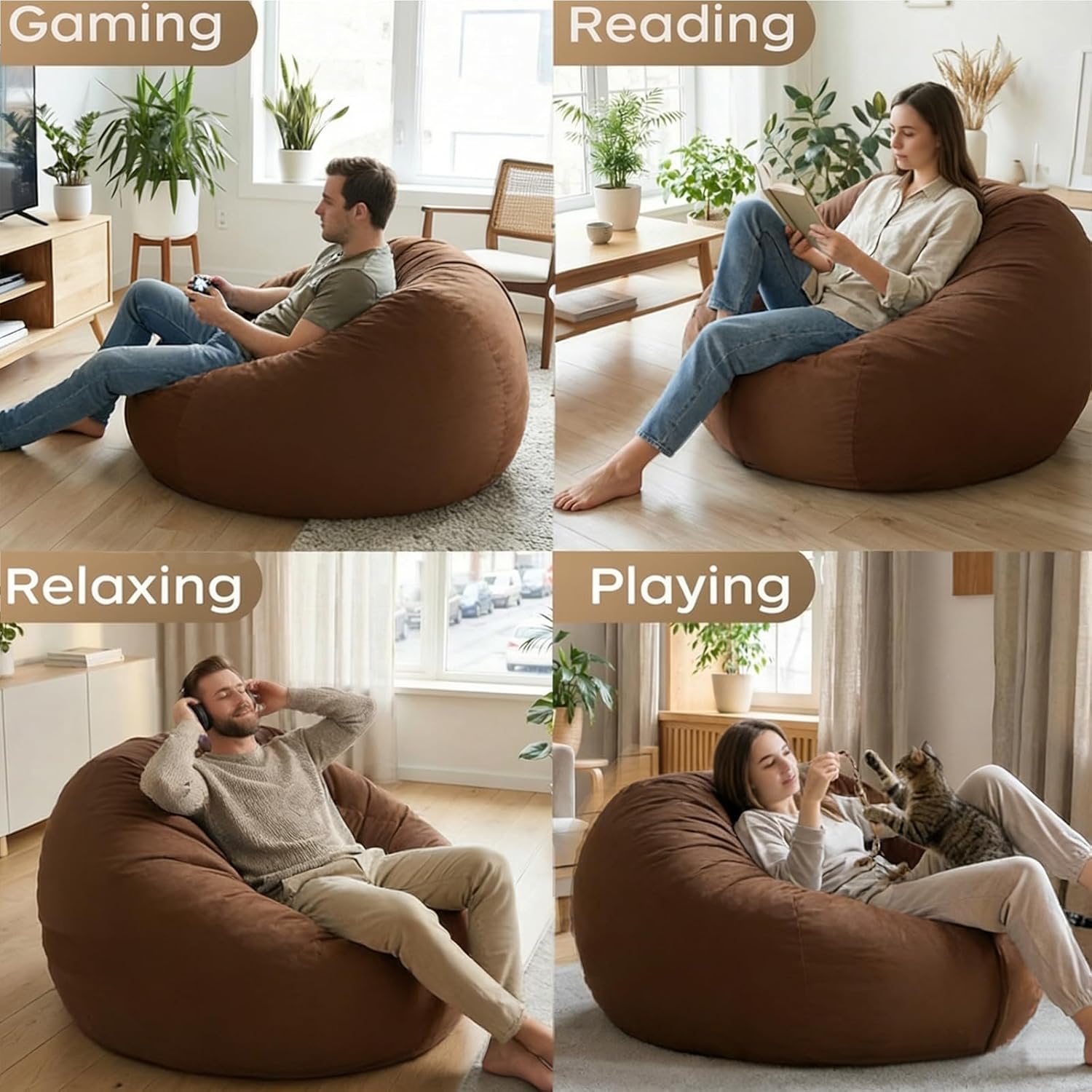 YuppieLife Large Foam Filled Bean Bag Chairs for Kids Teenagers Adults Living Room Gaming Relaxing 4F Machine Washable Lazy Sofa（Brown