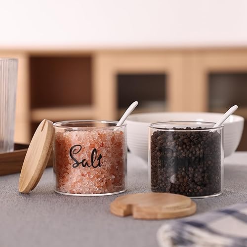 Miniatura 6 de Recipiente de cristal transparente para pimienta y sal con cuchara para servir y tapa de bambú, recipientes para encimera de cocina de granja,