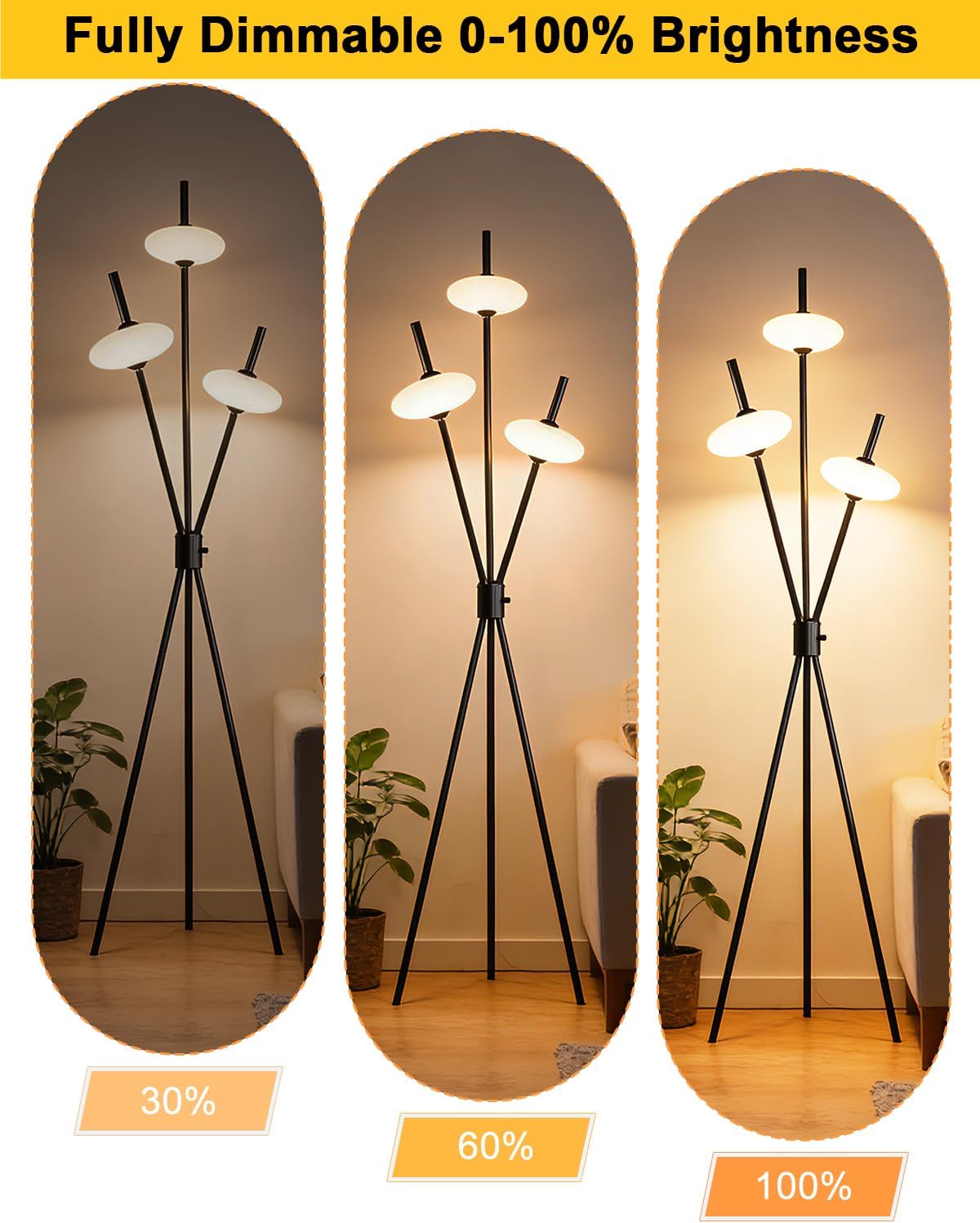Lightdot Tripod Floor Lamp Stepless Dimmable Black Standing Tall Lamps with 3PCS Elliptical Lampshades Mid Century Modern Floor Lamps for Living Room/Bedroom/Sofa Beside/Corner Decor