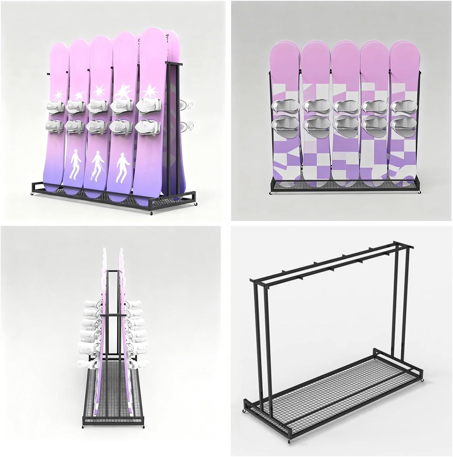 ZIMGOD Mobile Snowboard Display Rack - Holds 5 Pair Skis, Freestanding Ski Organizer Stand for Shop Garage Floor, Black Skateboard Rack Skiing Storage Holder