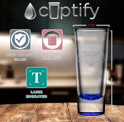Miniatura 2 de Juego de 2 vasos de chupito personalizados con monograma con nombre de 2 onzas, parte inferior azul personalizada para regalo, bodas, cumpleaños,