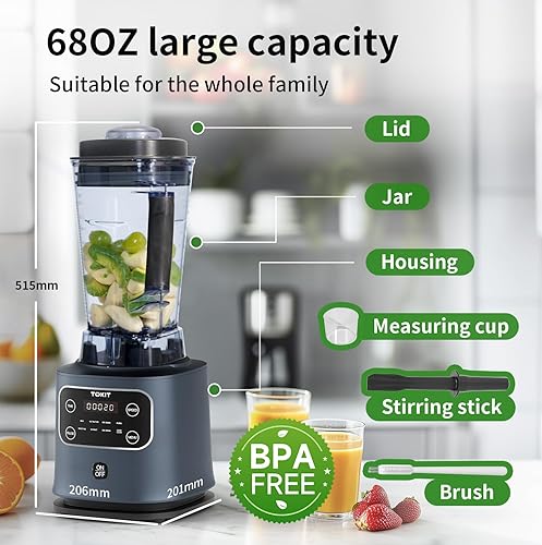 Miniatura 4 de TOKIT Batidora de encimera B3 para cocina, 8 programas preestablecidos, 1200 W, licuadora de vidrio profesional de gran capacidad de 68 onzas para