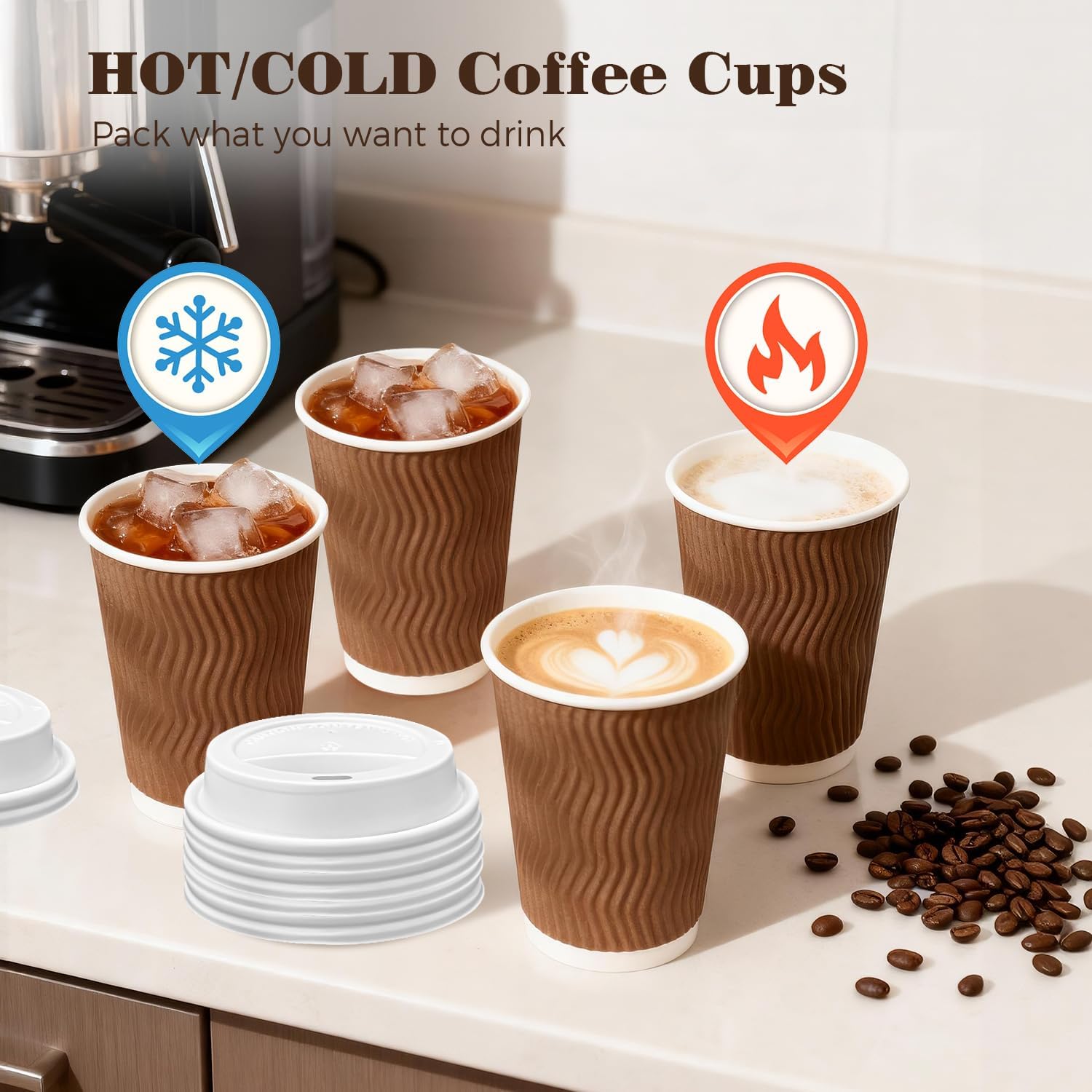 Charmount 100 Pack 12 oz Brown Disposable Insulated Coffee Cups with Lids - Ripple Wall Hot Paper To-Go Cups for Coffee, Tea, Cocoa, and Drinks - For Home, Office, Party - Image 4