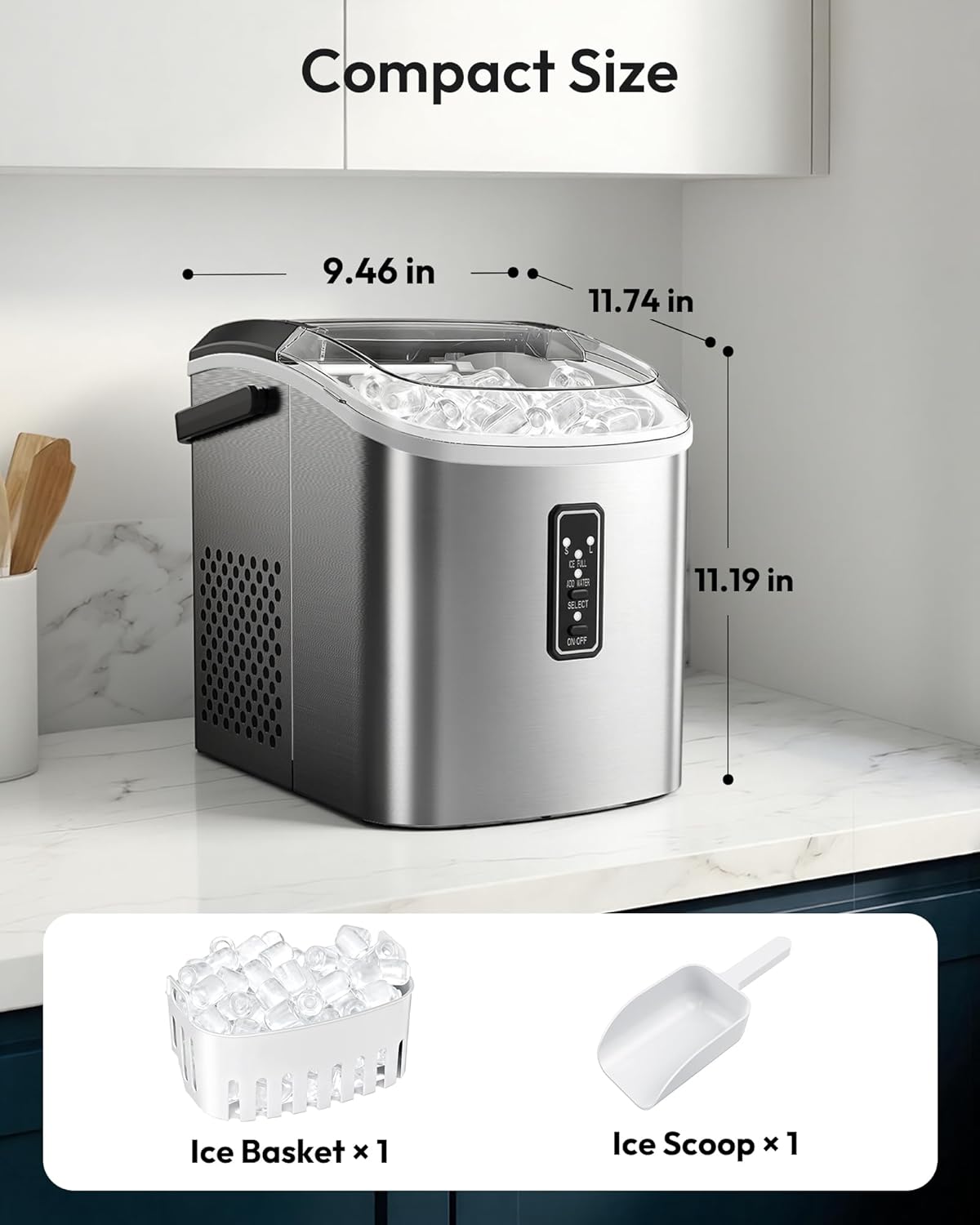 EUHOMY Ice Maker Countertop, 9 Cubes Ready in 6 Mins, 26lbs/24H, Self-Cleaning, Portable Ice Maker Machine with Carry Handle, Basket and Scoop, 2 Sizes of Bullet Ice for Home, Kitchen, Office