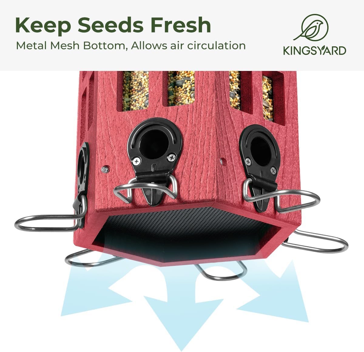 Kingsyard Large Bird Feeder Weatherproof, Squirrel-Resistant Outdoor Hanging Feeders, Recycled Plastic Hopper 3.5 lb Seed Capacity 6 Ports U-Shape Metal Perch Mesh Bottom, Red