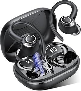 Jesebang Wireless Earbuds, Bluetooth 5.4 Headphones, Wireless Earphones HiFi Stereo Sound with ENC Mic, Sport Headsets in Ear EarHooks for Running, 48H Dual LED Display, IP7, Black