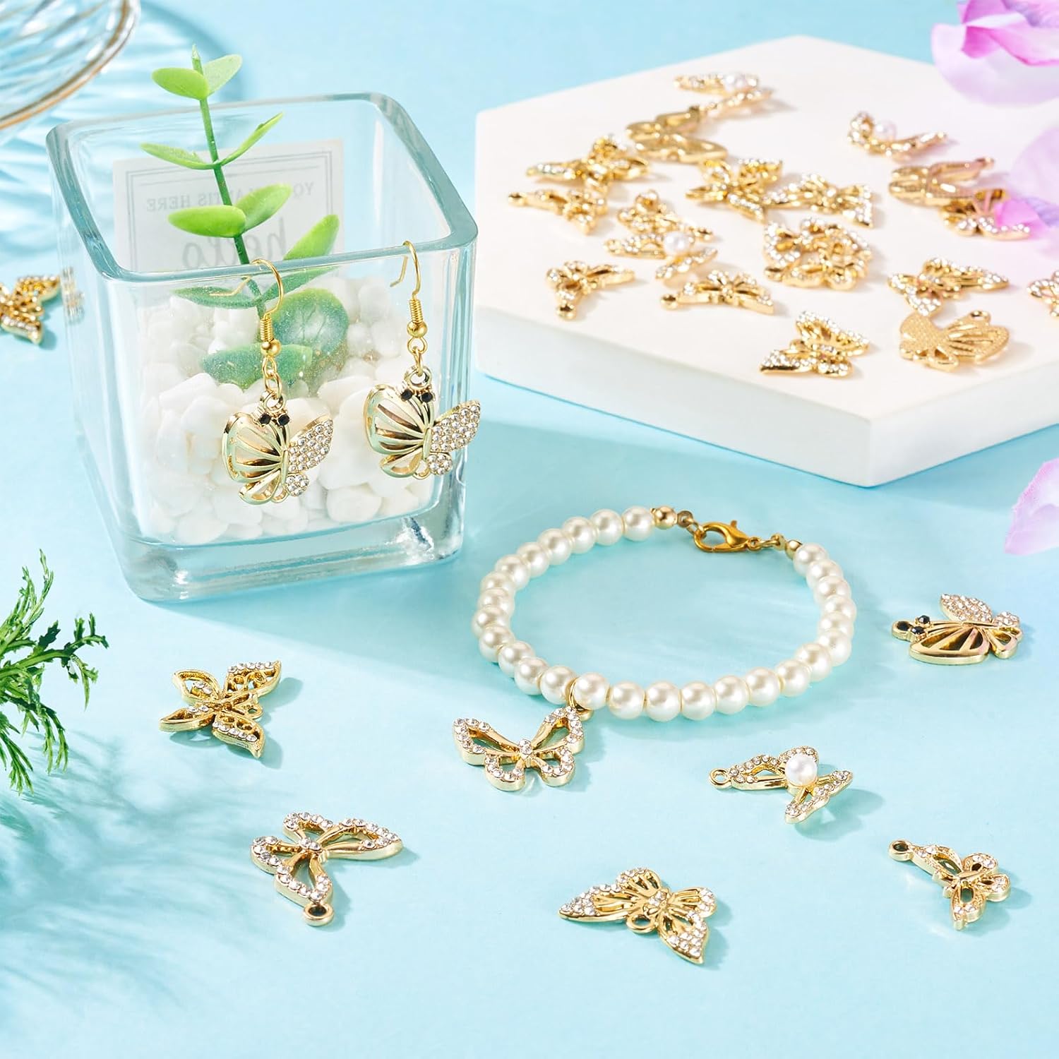 Cheriswelry 36Pcs Gold Plated Alloy Rhinestone Charms Butterfly Earring Pendants for 15-20.5mm 6 Style DIY Necklace Bracelet Jewelry Making - Image 2