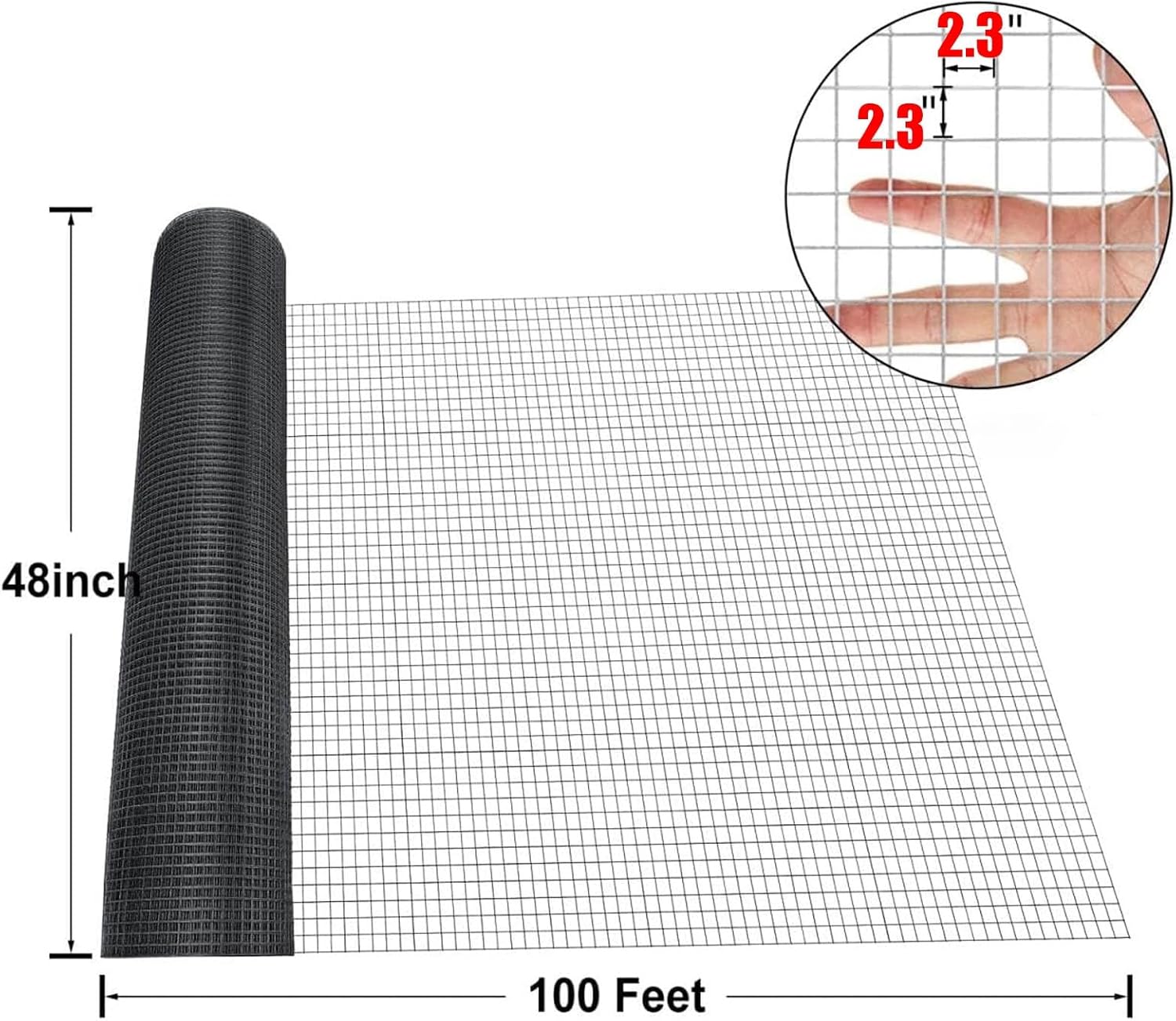 Welded Hardware Cloth Wire Mesh, 2.3in Black Square Chicken Wire Fence Meshs Roll, Raised Garden Bed Plant Supports Poultry Netting Cage Snake Fence(1.0x5m(3.3x16.4ft))
