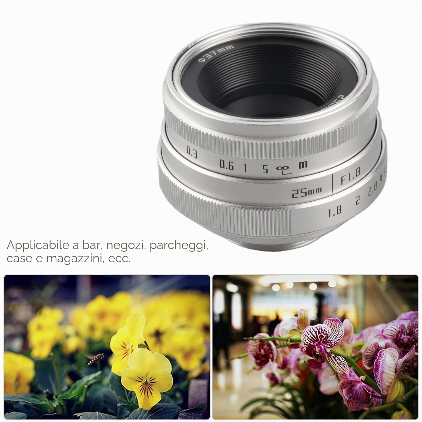 Yunir Fotocamera 25mm F1.8 Obiettivo grandangolare, Lega 25mm Lunghezza focale, f/1.8 Aperture CCTV C Mount Obiettivi grandangolari per DSLR(Argento)