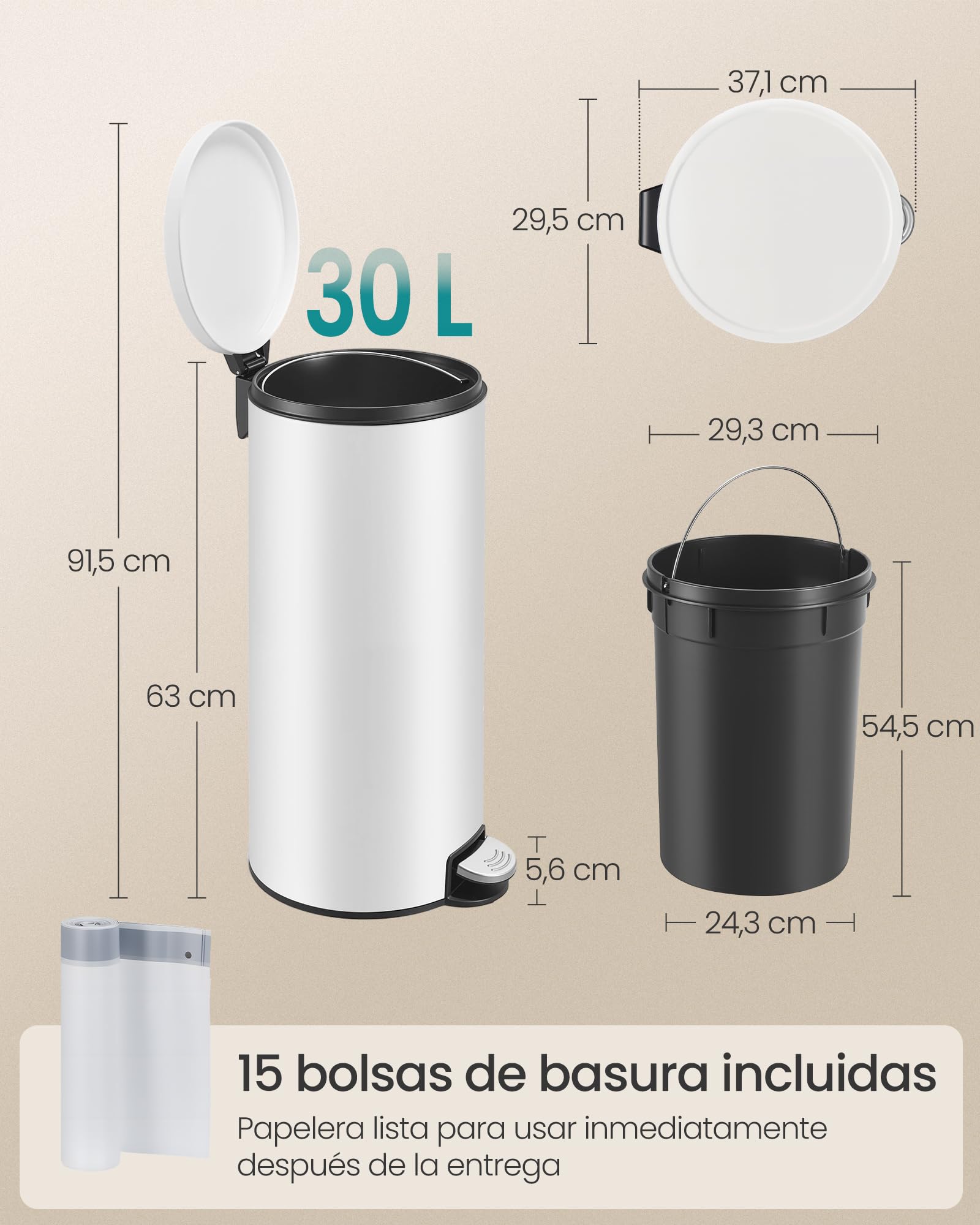 SONGMICS Cubo de Basura Redondo, Basurero con 15 Bolsas, Pedal de Metal, Cubeta Interior Extraíble de Plástico, Asa, Cierre Amortiguado, Acero, 30 L, Blanco Nube LTB031WZ02