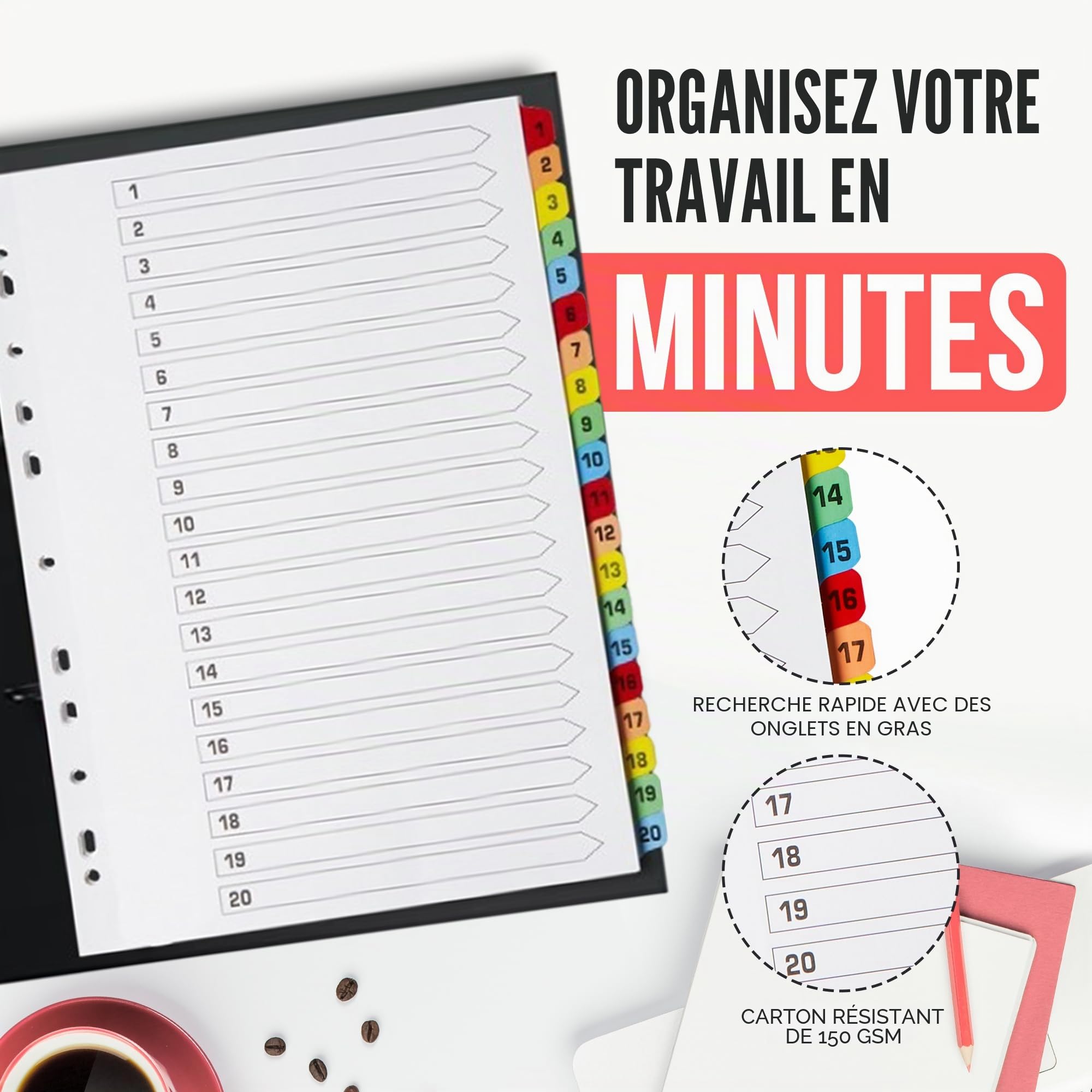 Intercalaires A4 20 pièces numérotées de 1 à 20 | Intercalaires A4 20 parties numérotées de 1 à 20 avec onglets de couleur renforcés multiperforés 150 g/m²