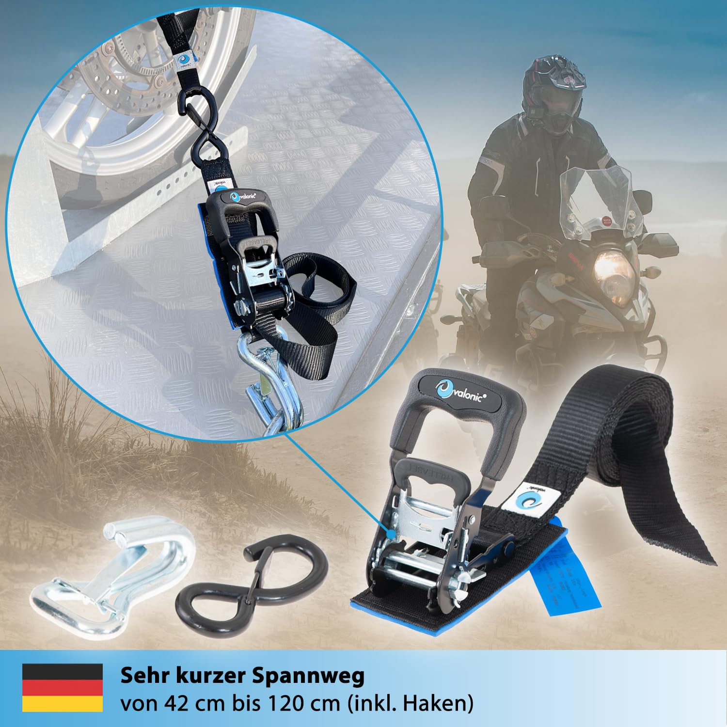 valonic PANTHER - 2x Motorrad Spanngurte mit Haken, 2,25m, blaue Fahne, 38mm, mit Polster, 650/1300 Kg, TÜV Rheinl. / GS zertifiziert, EN 12195-2 - sehr kurzer Spannweg, Motorradhalterung für Anhänger