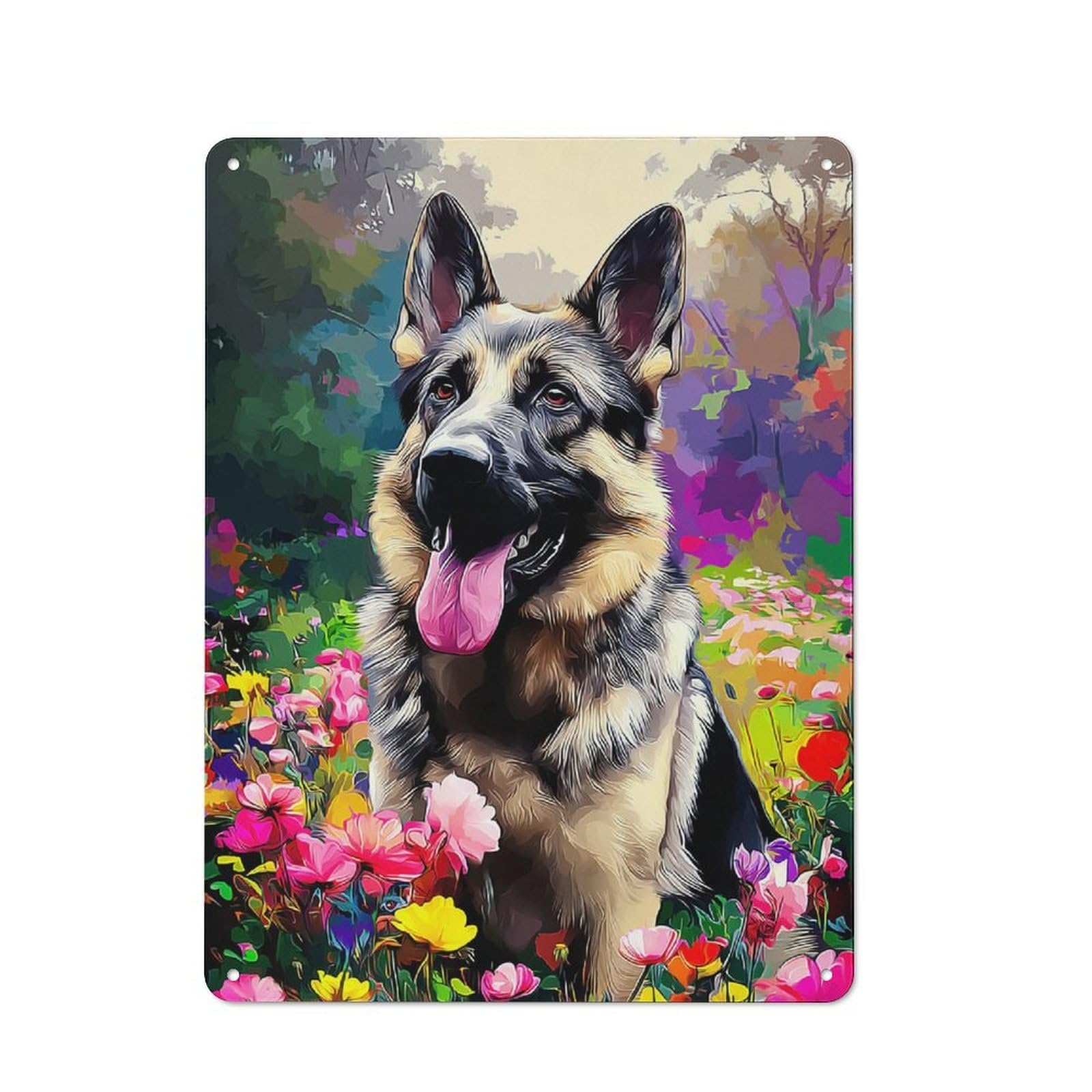 Junmoney German Shepherd In A Floral Garden Rustic Metal Plaque 40X30cm For Guest Room Or Hallway, A Decorative Metal Sign For Guest Rooms And Hallways