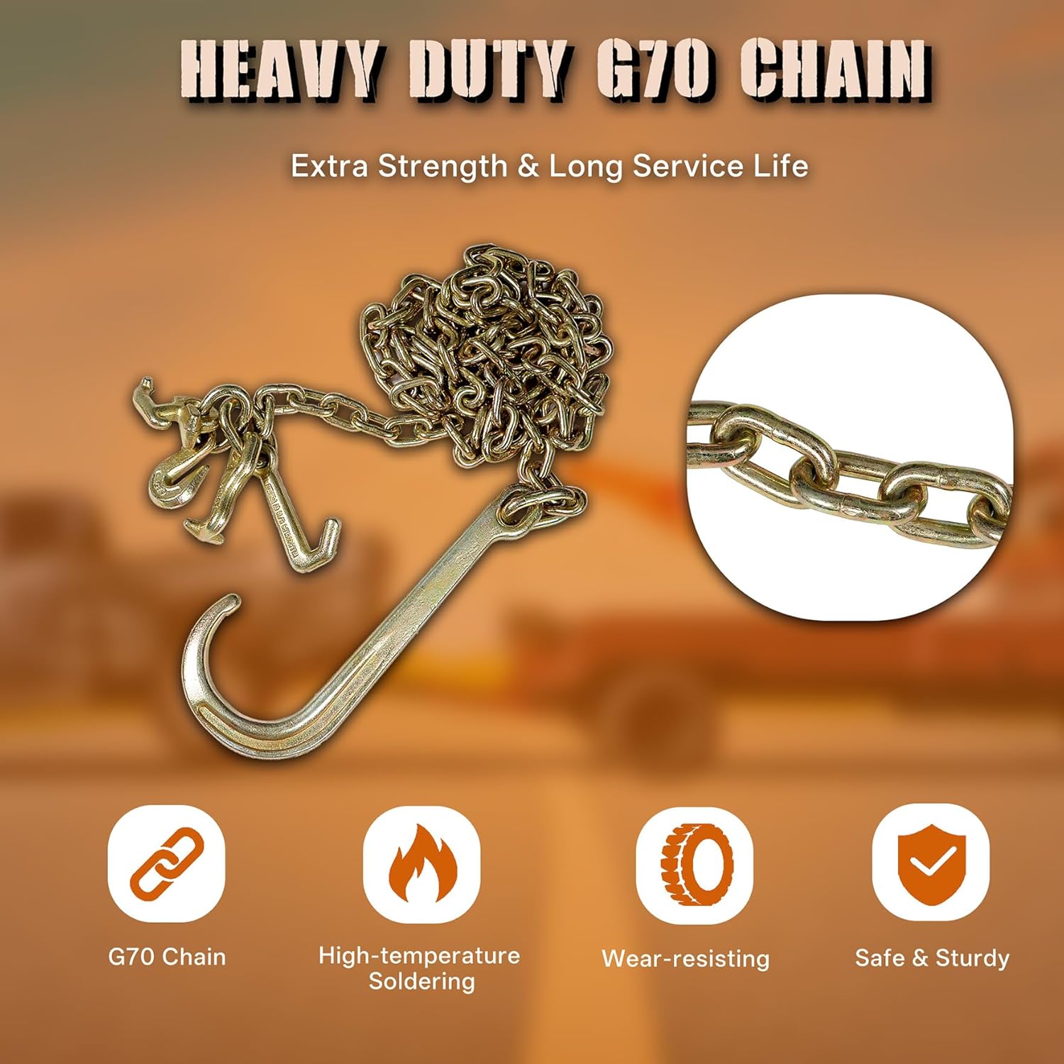 waltyotur 2PCS G70 5/16x10 Transport Tow Chain J Hook Long Shank w/R T J & Grab Hook Safe Working Load 3,700 lbs