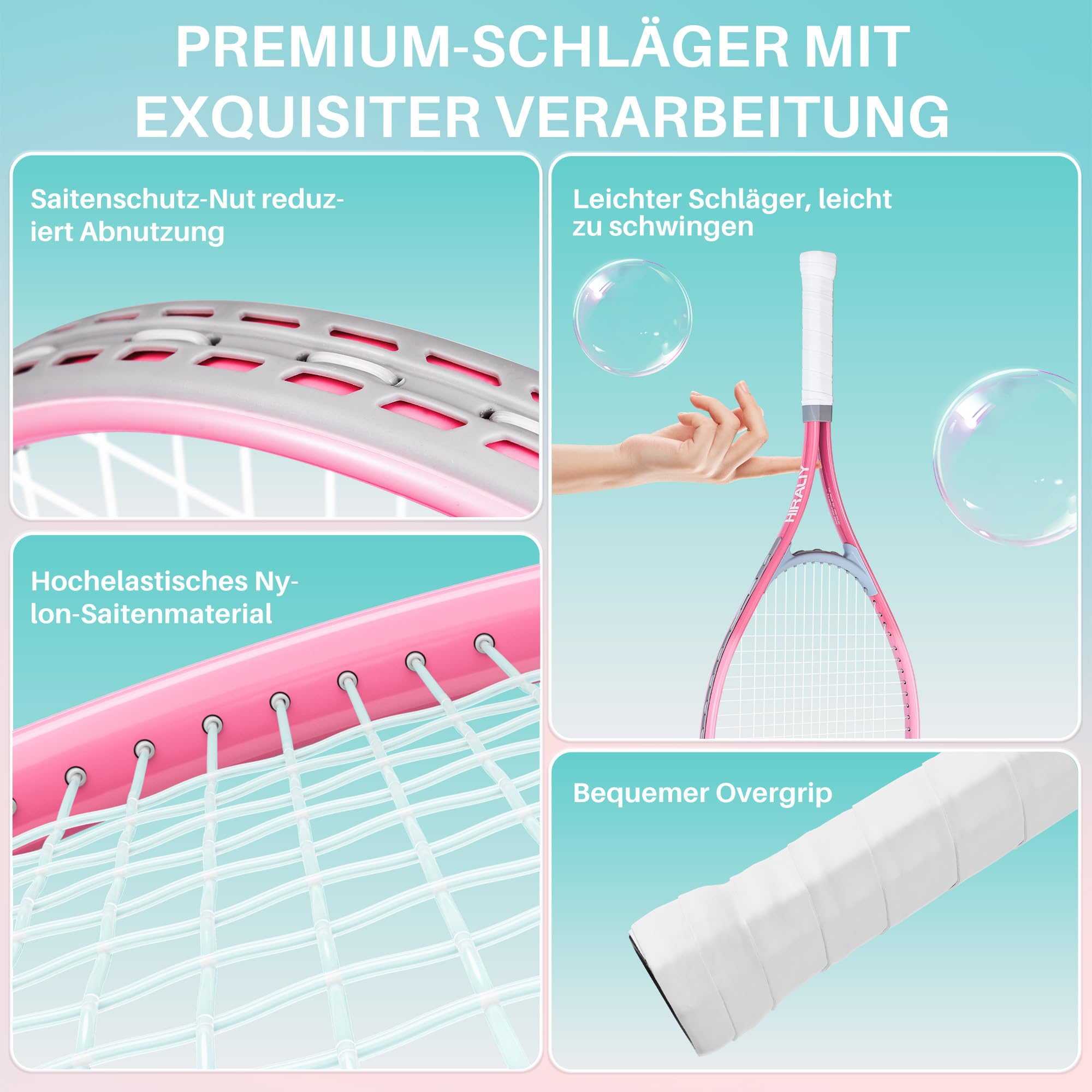 HIRALIY Tennisschläger-Set für Erwachsene, 68,6 cm, vorbespannte Tennisschläger für 2 Spieler, 2 Overgrip-Bänder, 3 Bälle und 1 Tragetasche, Outdoor-Freizeitsport für Anfänger
