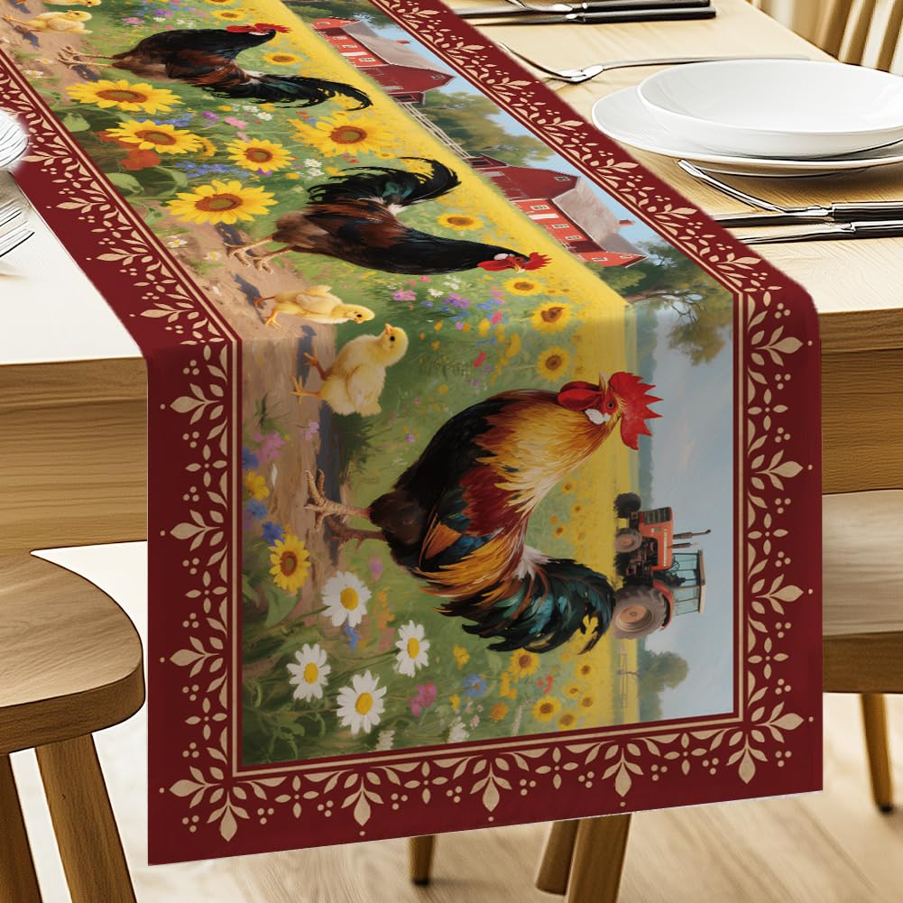 ANATTASOUL Spring Table Runner Rooster and Sunflower 13"x72" Table Decorations, Durable Summer Dining Decor for Home Kitchen Party Room