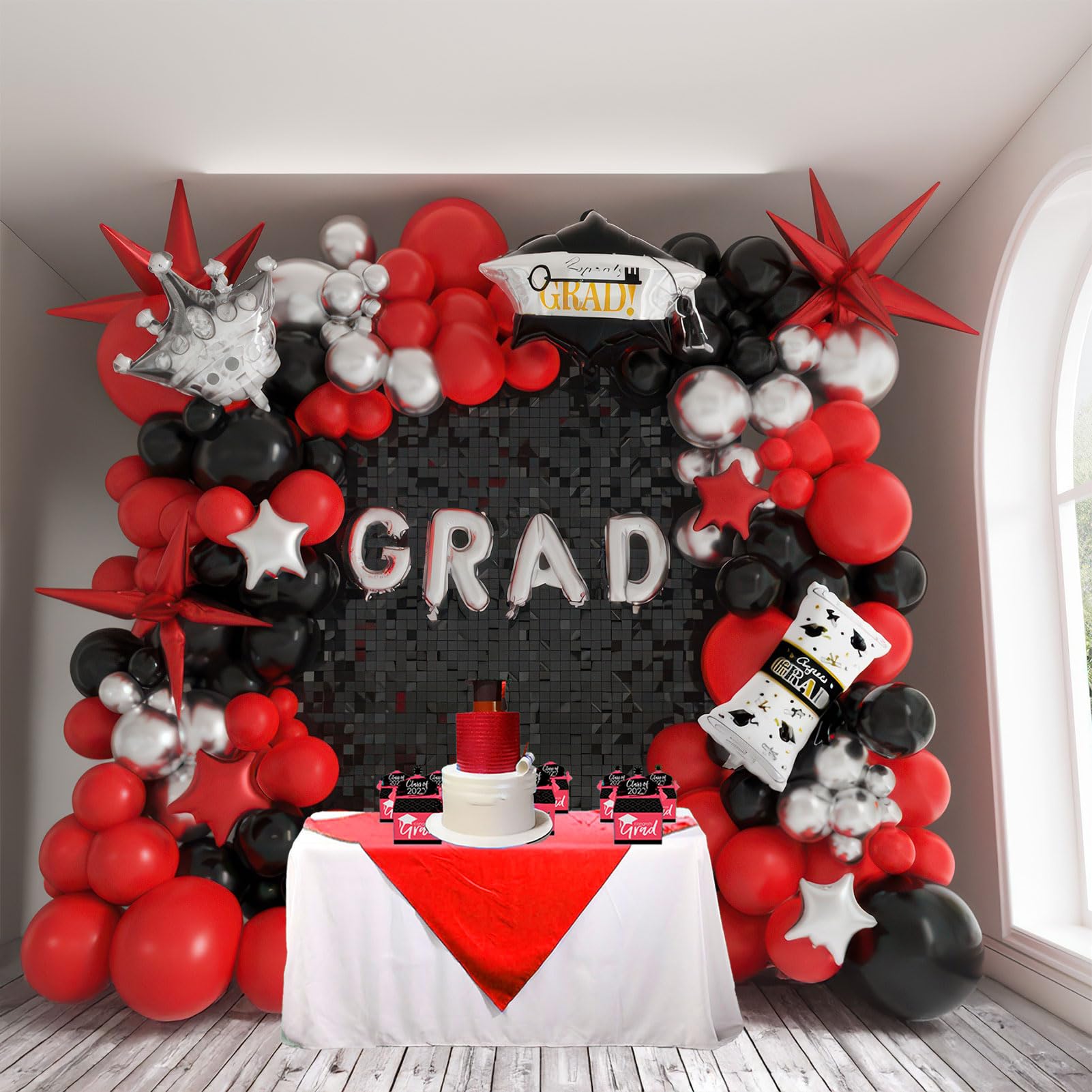 Black red and silver Balloon Garland Arch Kit 130Pcs with red and Silver Stars Graduation Certificate Graduation Cap crown GRAD Letters Mylar Balloons