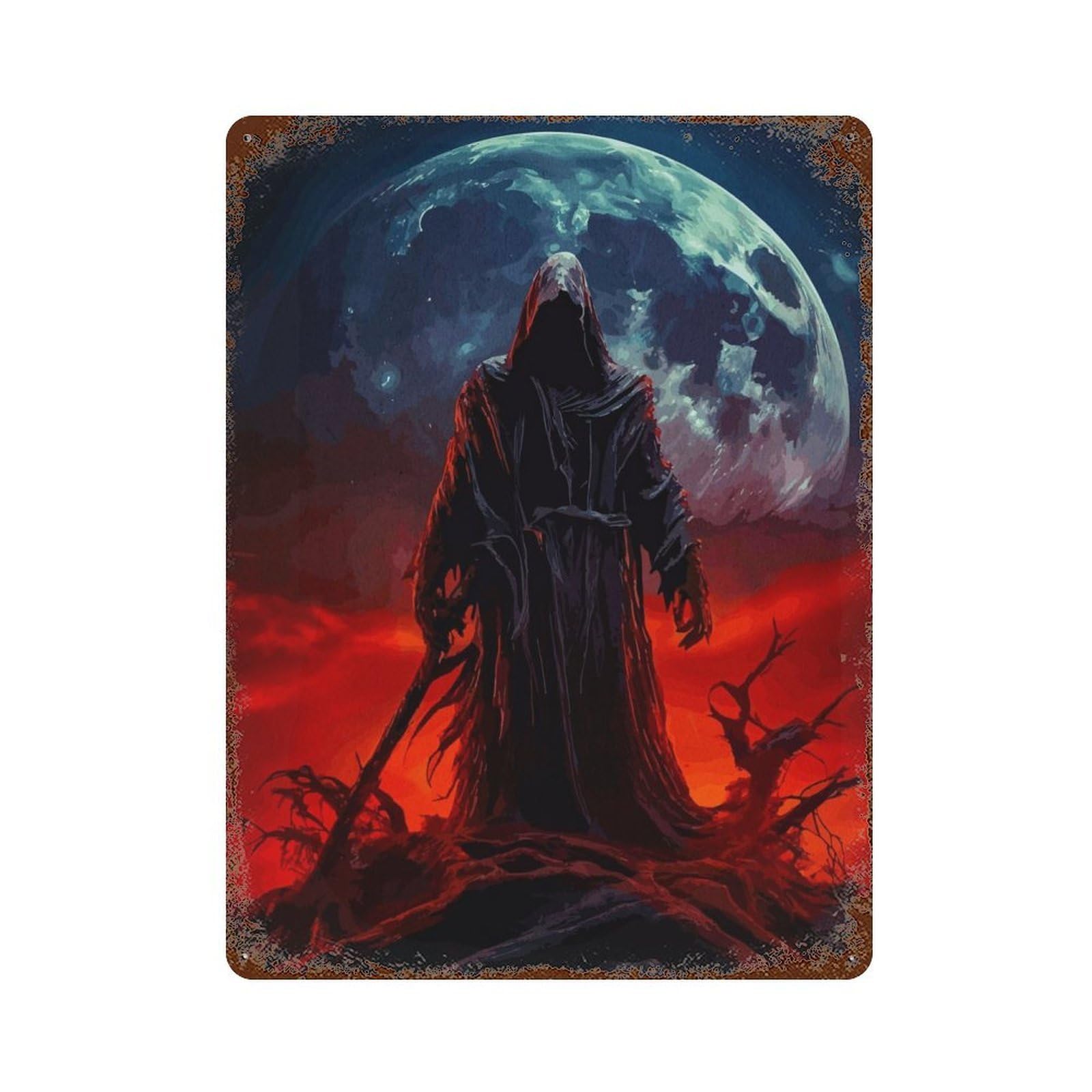Grim Reaper Under Blood Moon Decorative Tin Sign 15.7"x11.8", Old School Wall Decor for Garage, Pub Or Kitchen