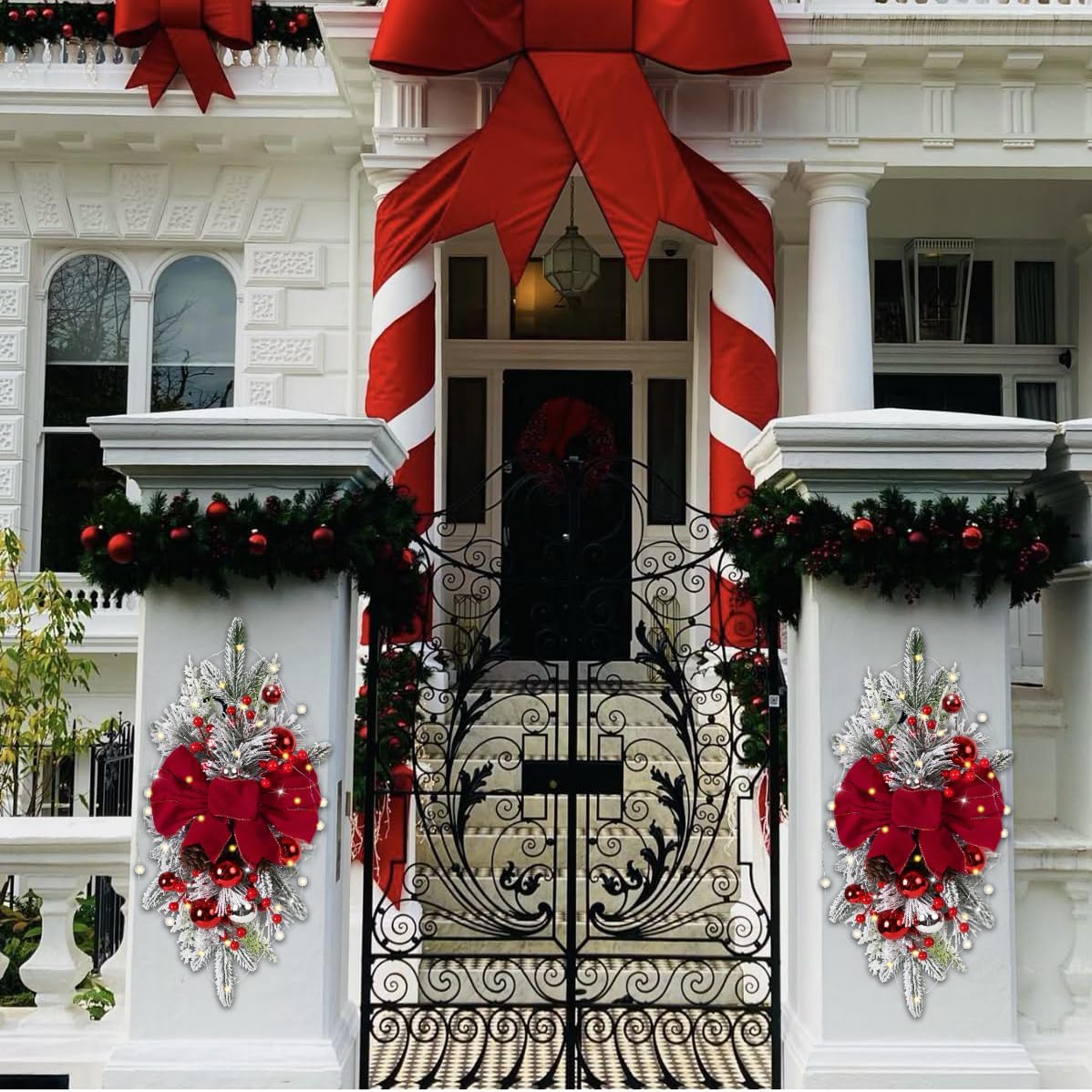 2PCS Christmas Artificial Swags 23.6" Xmas Cedar Wreaths Red Prelit Christmas Teardrop Swag for Front Door Mantel Stairway Table Top Window Decor(Red)