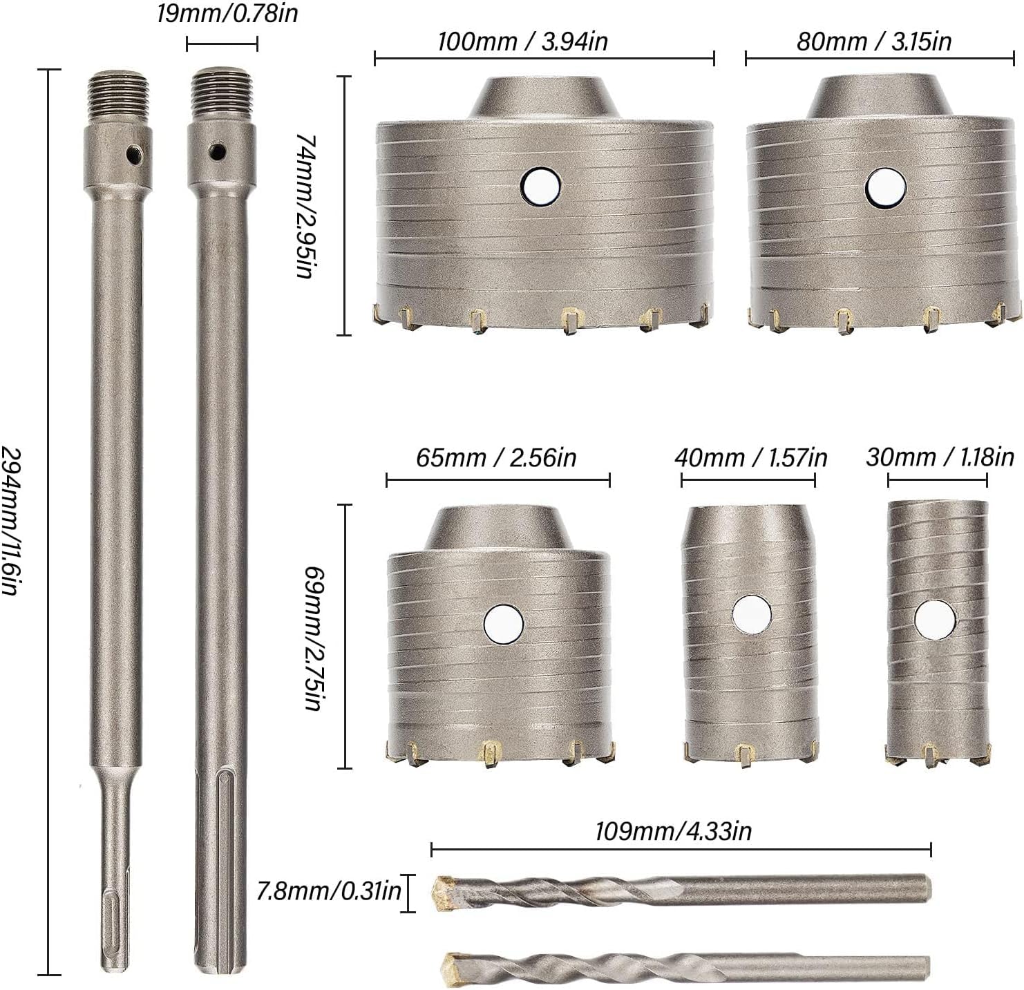 Sega a Tazza Carotatrice a Tazza Per Muro 9 Pezzi, Ø30, Ø40, Ø65, Ø80, Ø100 Mm, Con Albero SDS Plus E SDS-Max Carotatrici accessori trapano a tazza 9 pezzi per muro fresa carotatrice