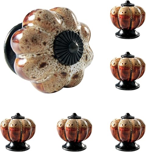 Paquete de 6 pomos de cerámica esmaltada con forma de calabaza para decoración de puerta para cajones de gabinete vintage, armarios (blanco calabaza)