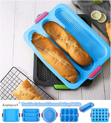 Miniatura 7 de Molde antiadherente de silicona para baguette, pan francés para hornear, 3 panes ondulados, cada pan, 11 x 2.3 pulgadas, molde para hornear,
