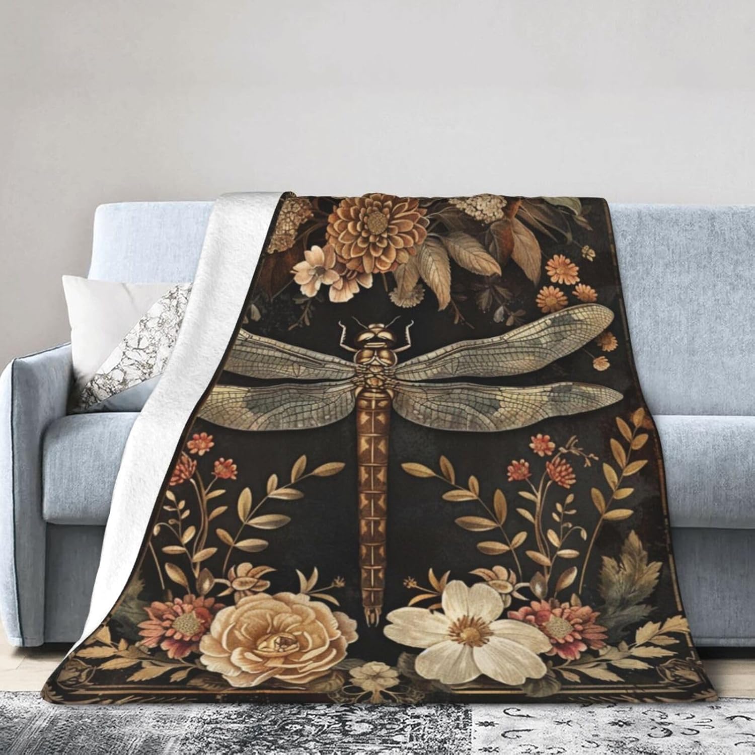 Vintage Dragonfly Blanket Gifts for Women Girls Kids, Floral Throw Blankets, Soft Cozy Flannel Throws for Sofa Couch Bedroom Decor 50x60in - Image 3