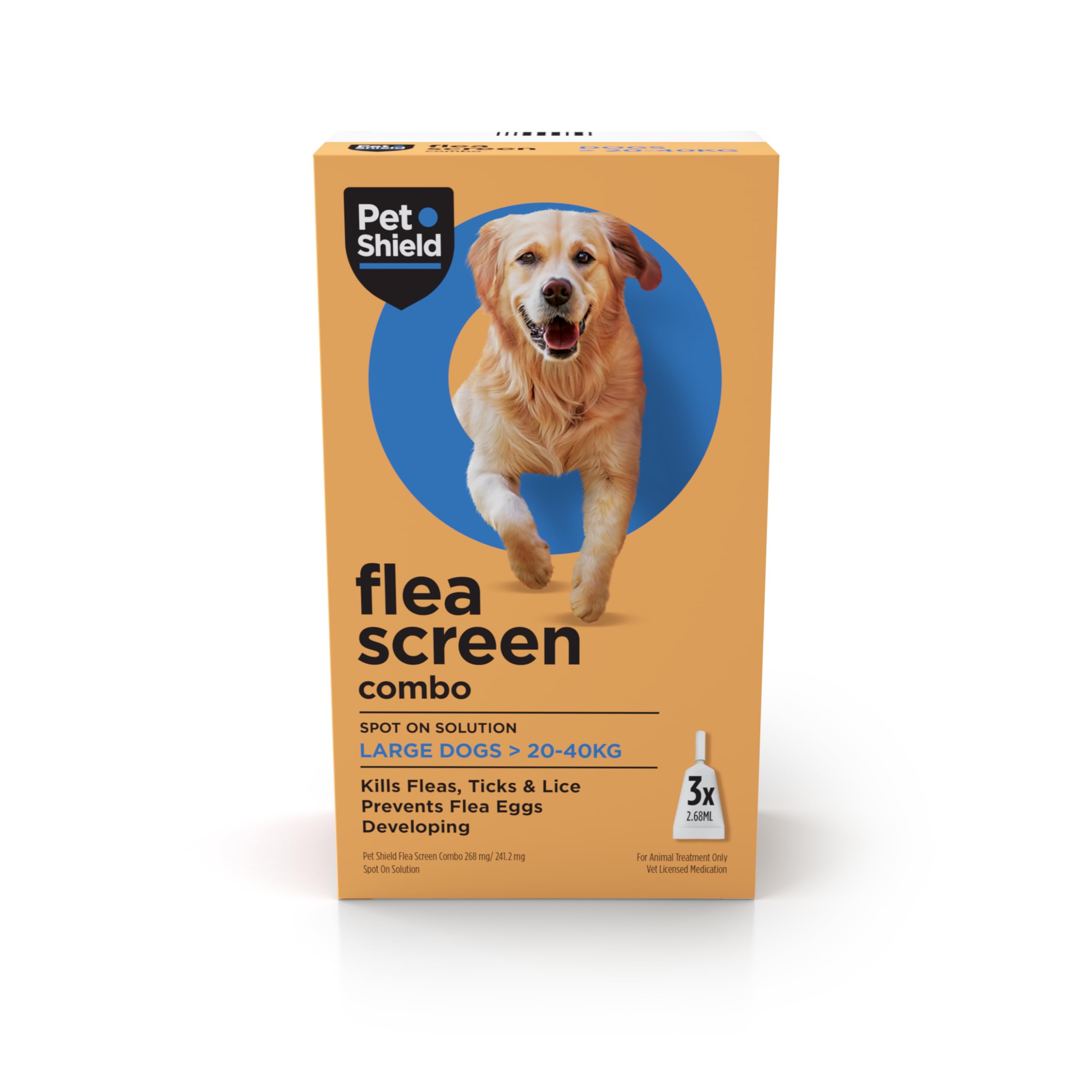 Pet Shield Flea Screen Combo Large Dog, 3 Pipette - Spot-On Flea Treatment for Large Dogs (20-40kg Body Weight) - Effectively Kills Fleas, Flea Eggs, Ticks - Provides Up to 8 Weeks Protection